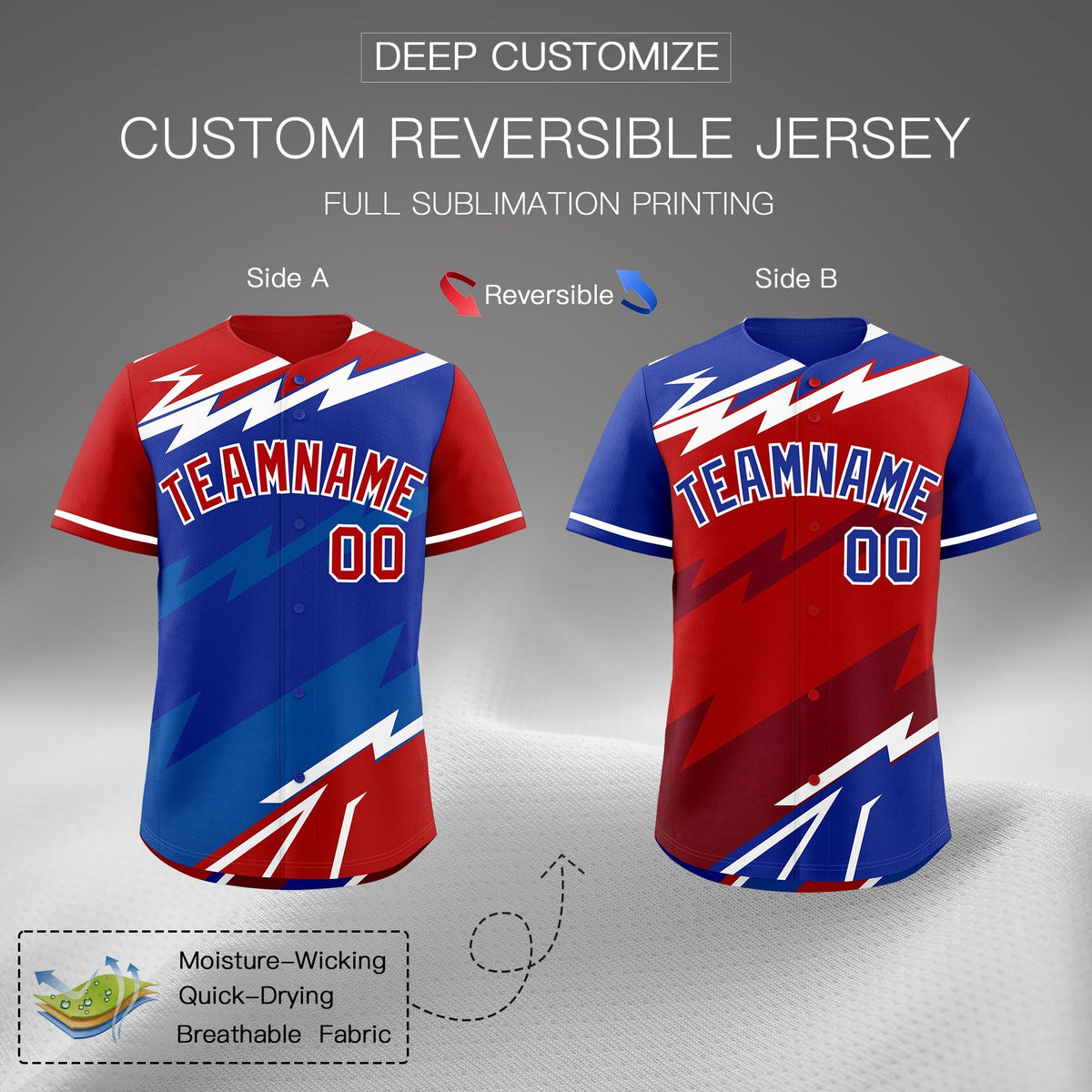 Custom Royal Blue Red Royal short sleeves Reversible Lightning Pattern Graffiti Graffiti Pattern Breathable Baseball Jersey| KXKSHOP