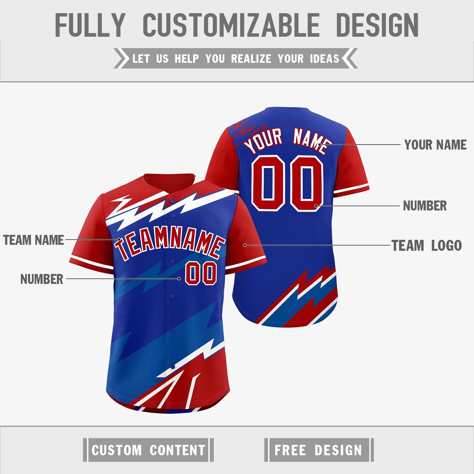 Custom Royal Blue Red Royal short sleeves Reversible Lightning Pattern Graffiti Graffiti Pattern Breathable Baseball Jersey| KXKSHOP
