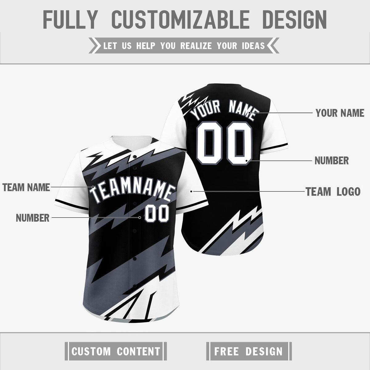 Custom Black White Gray short sleeves Reversible Lightning Pattern Graffiti Graffiti Pattern Lightweight Baseball Jersey| KXKSHOP