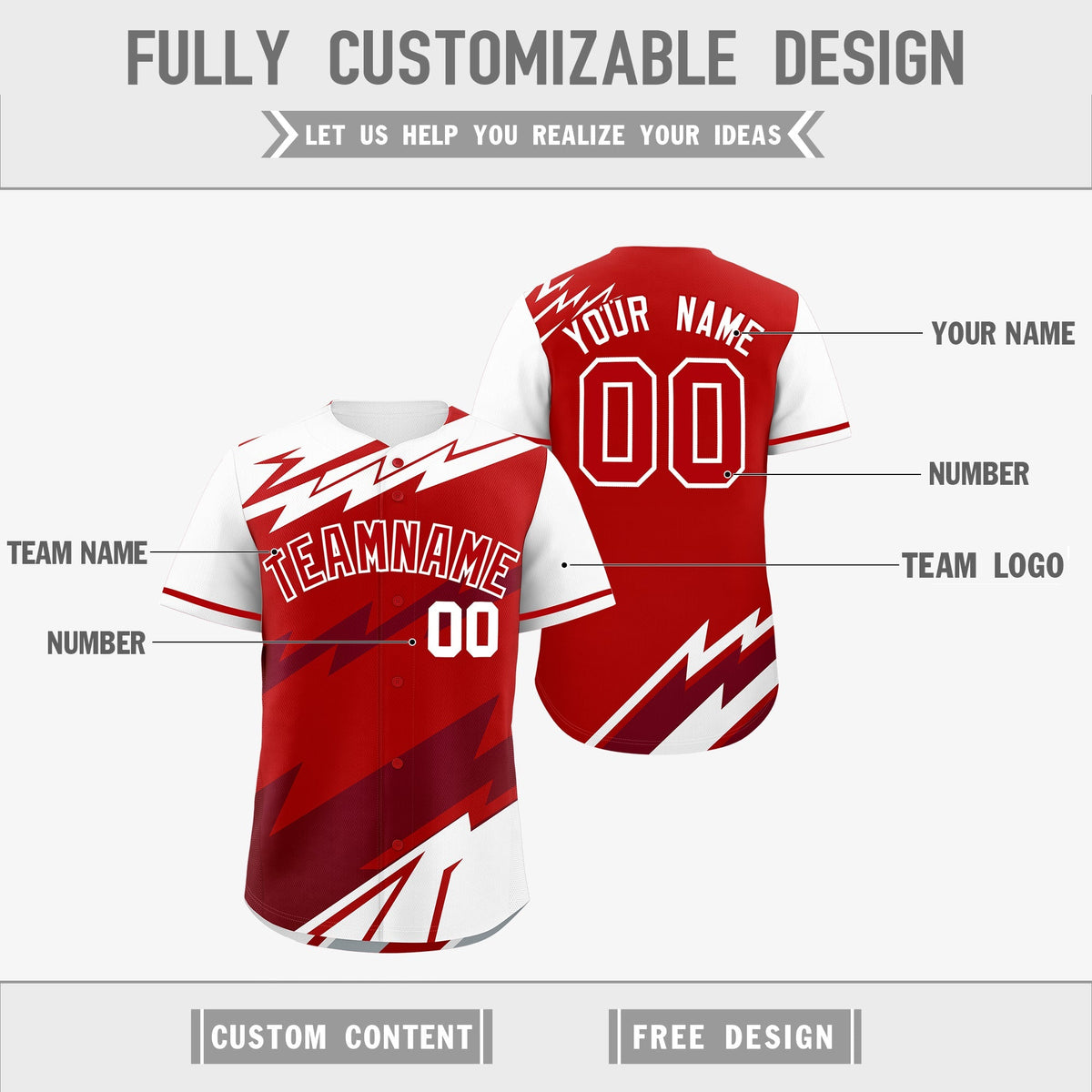 Custom Red White Crimson short sleeves Reversible Lightning Pattern Graffiti Graffiti Pattern Breathable Baseball Jersey| KXKSHOP