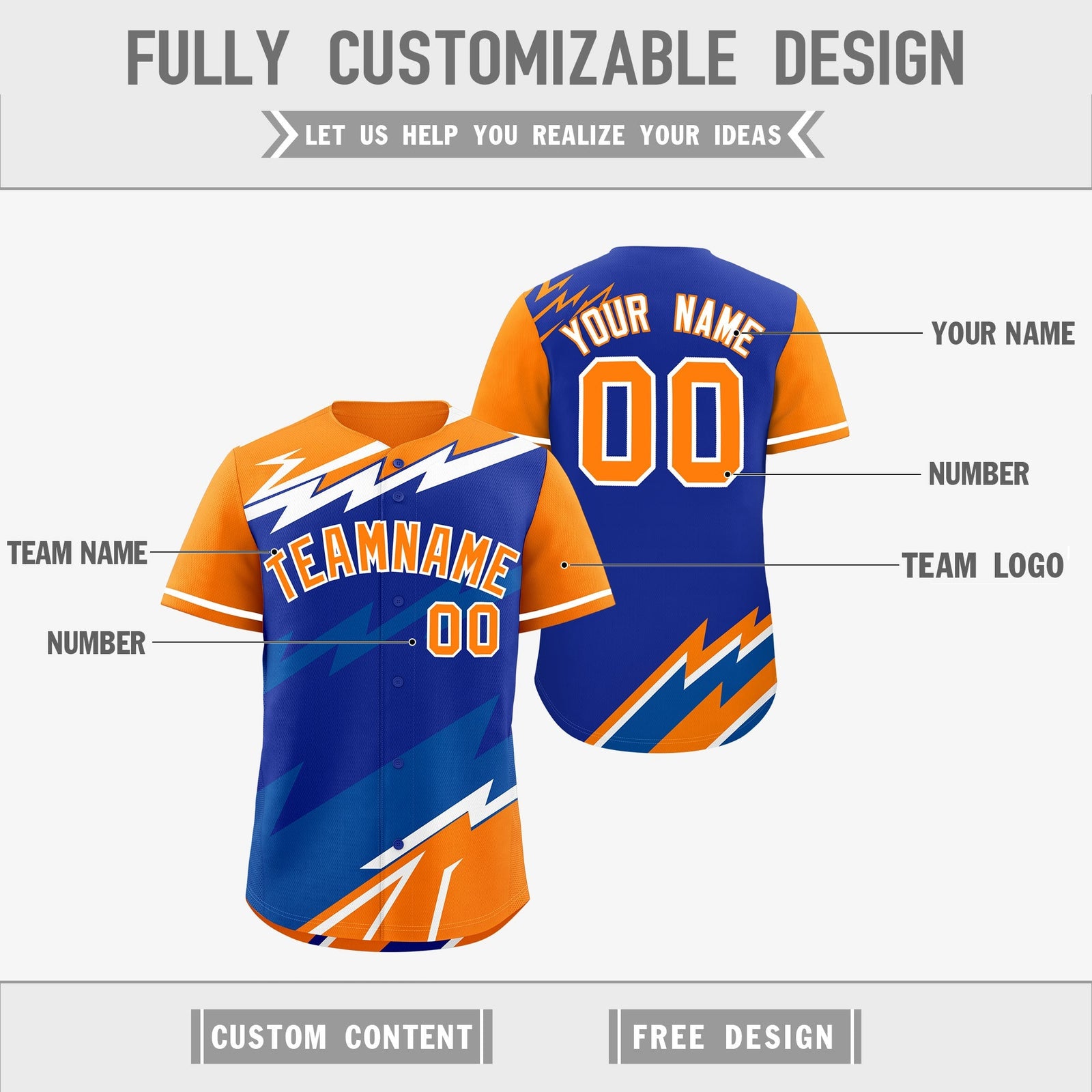 Custom Royal Blue Orange Royal short sleeves Reversible Lightning Pattern Graffiti Graffiti Pattern Lightweight Baseball Jersey| KXKSHOP