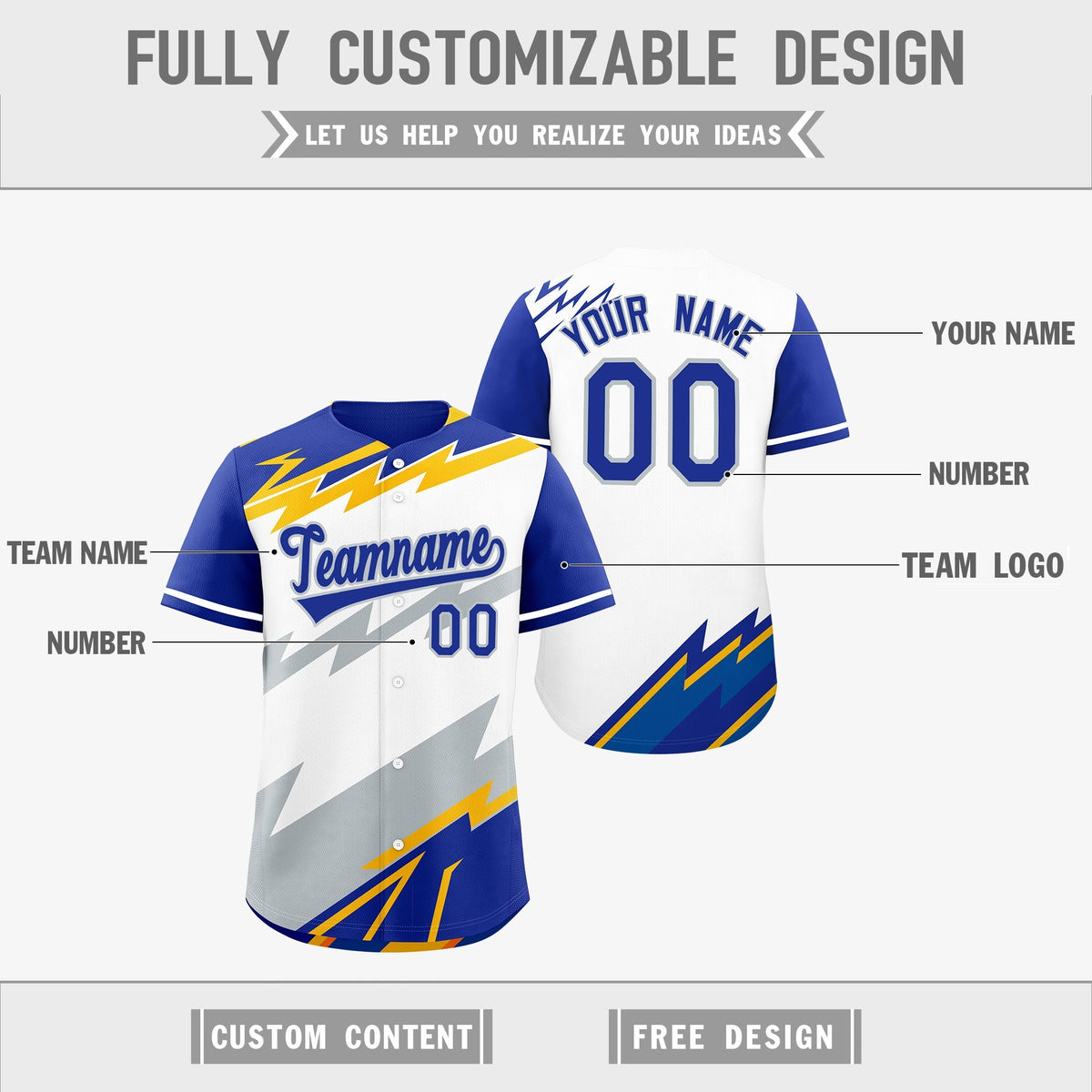 Custom White Royal Blue Silver short sleeves Reversible Lightning Pattern Graffiti Graffiti Pattern Breathable Baseball Jersey| KXKSHOP