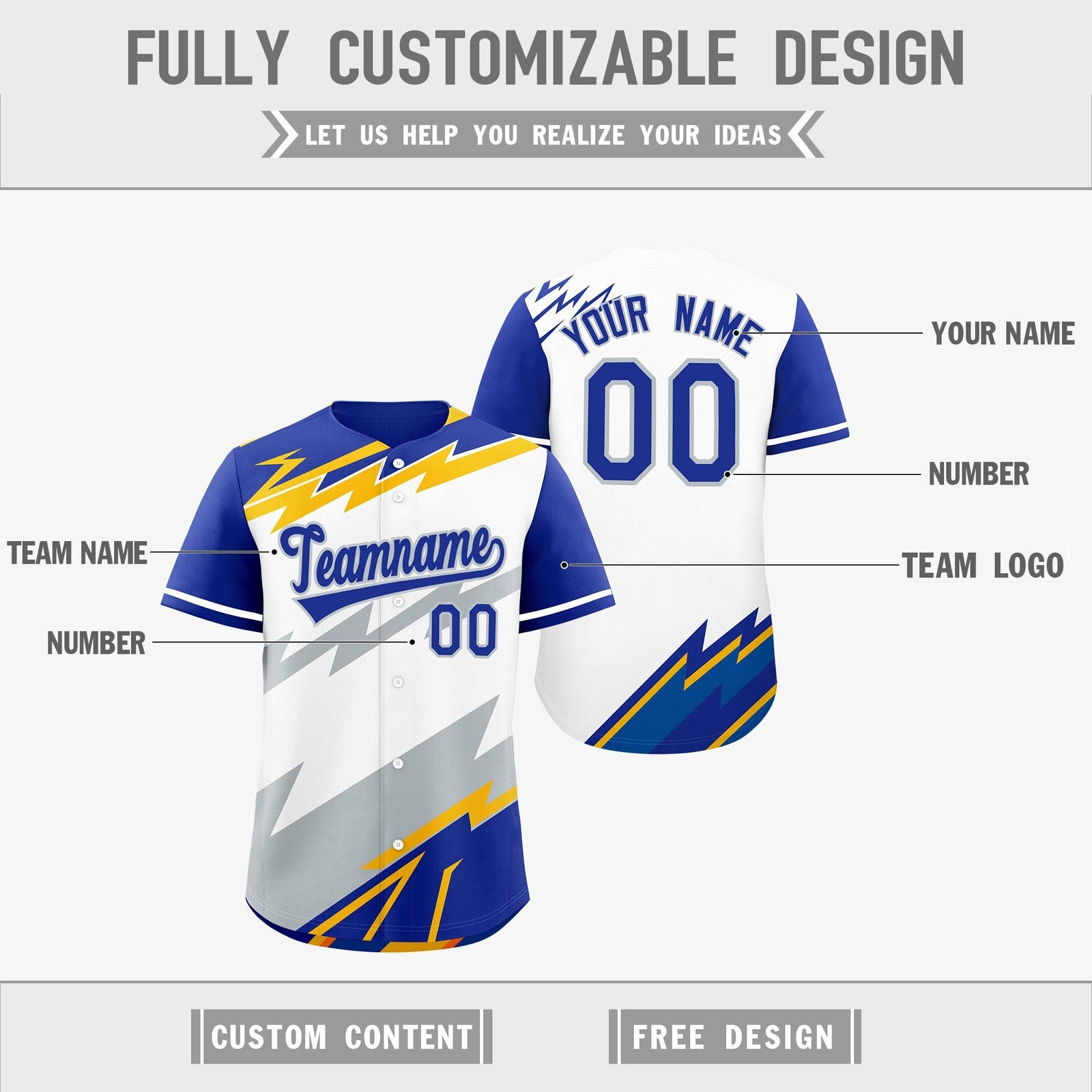 Custom White Royal Blue Silver short sleeves Reversible Lightning Pattern Graffiti Graffiti Pattern Breathable Baseball Jersey| KXKSHOP
