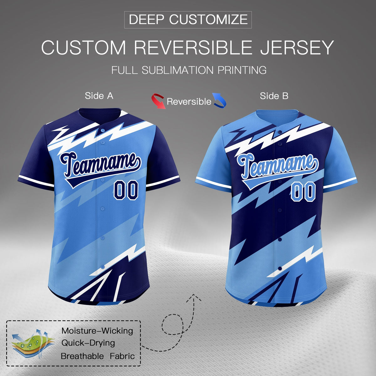 Custom Light Blue Powder Blue White short sleeves Reversible Lightning Pattern Graffiti Graffiti Pattern Lightweight Baseball Jersey| KXKSHOP