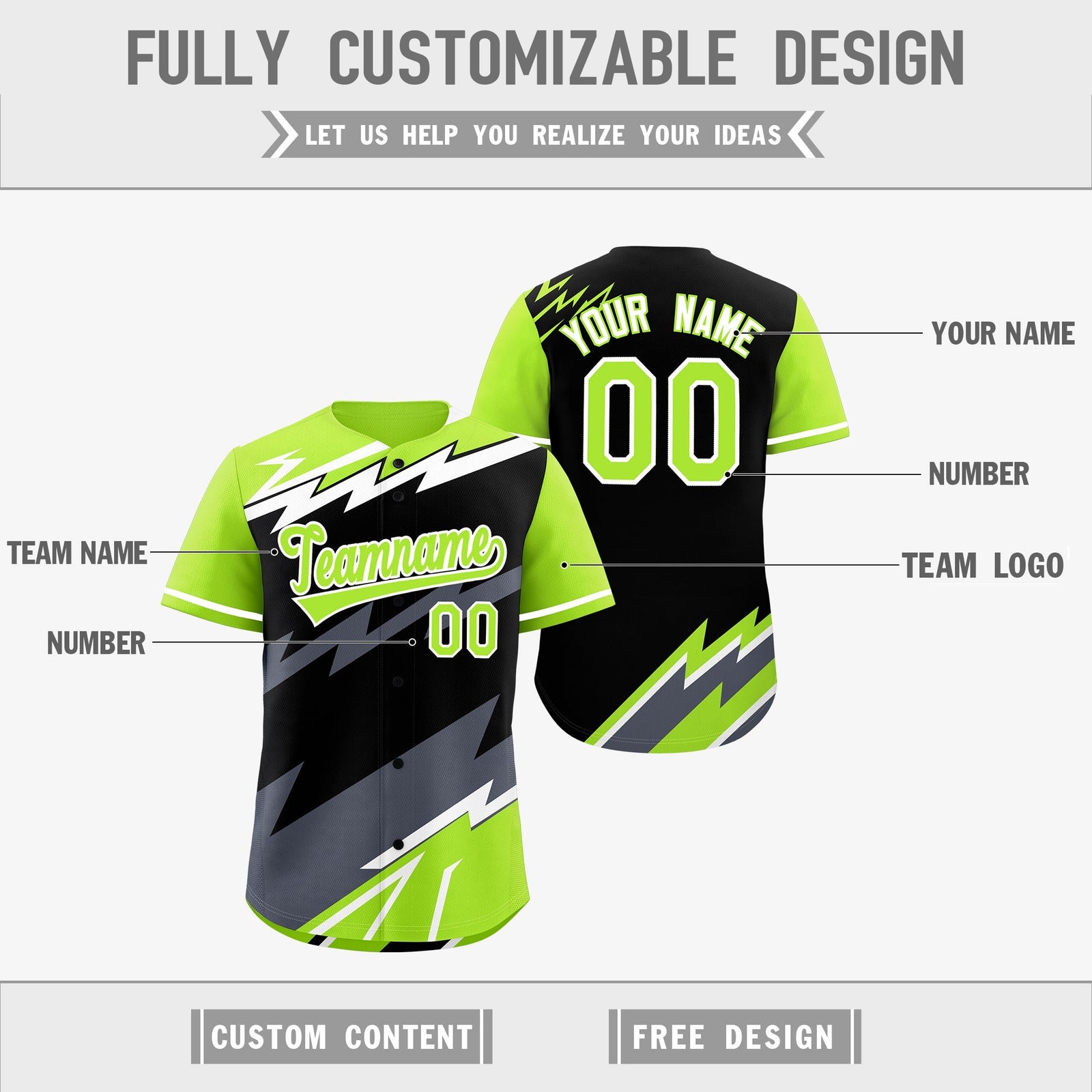 Custom Black Neon Green Gray short sleeves Reversible Lightning Pattern Graffiti Graffiti Pattern Moisture-Wicking Baseball Jersey| KXKSHOP