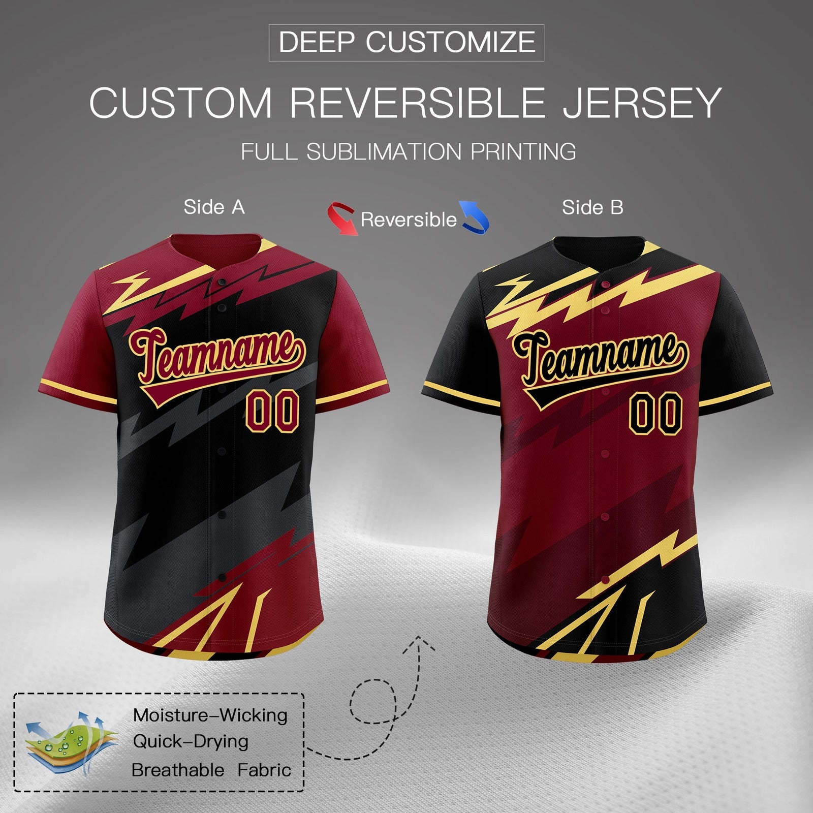 Custom Black Gray Crimson short sleeves Reversible Lightning Pattern Graffiti Graffiti Pattern Breathable Baseball Jersey| KXKSHOP