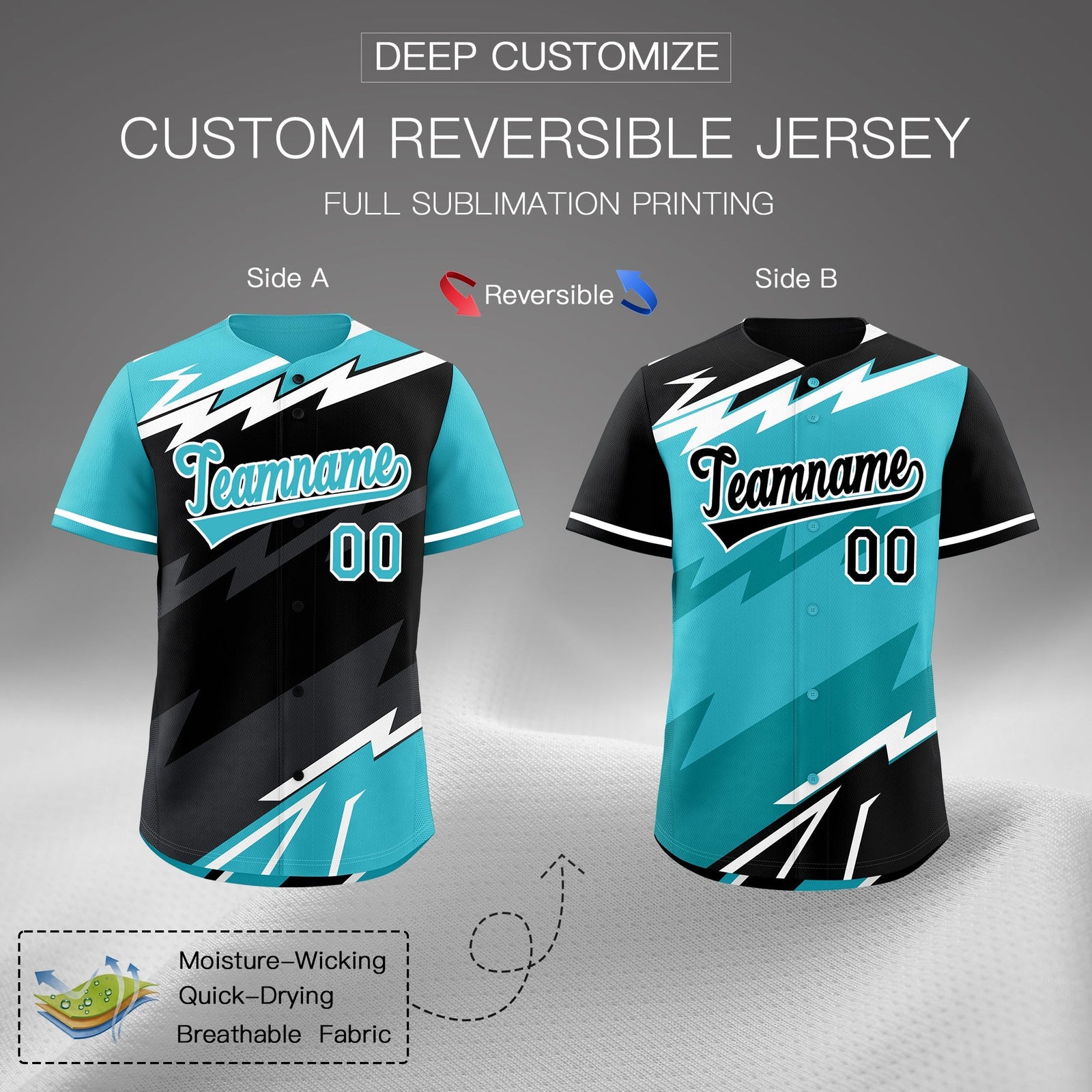 Custom Black Sky Blue Gray short sleeves Reversible Lightning Pattern Graffiti Graffiti Pattern Moisture-Wicking Baseball Jersey| KXKSHOP