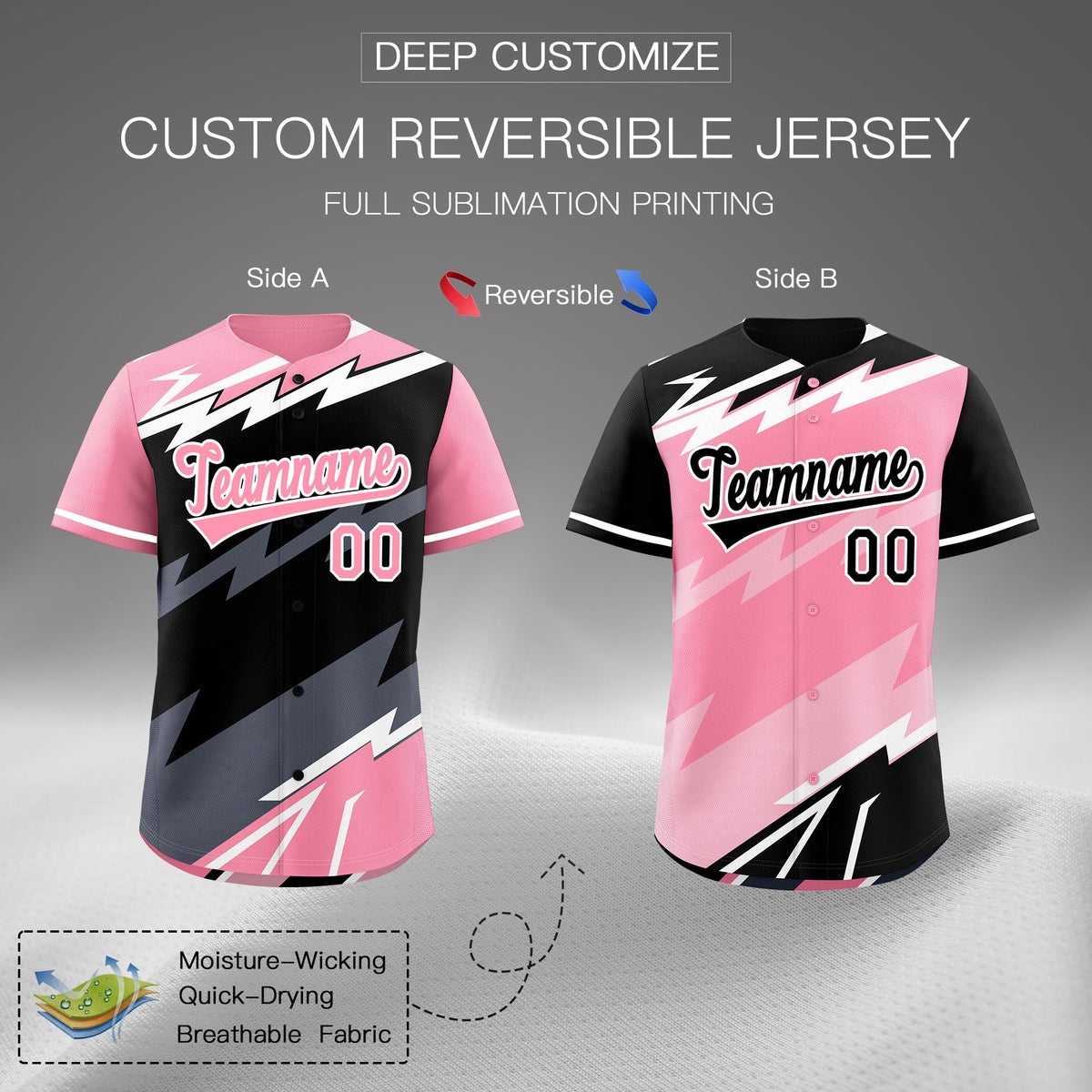 Custom Black Light Pink Gray short sleeves Reversible Lightning Pattern Graffiti Graffiti Pattern Breathable Baseball Jersey| KXKSHOP