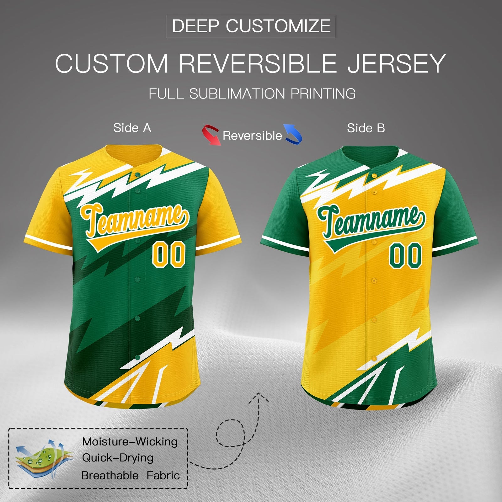 Custom Kelly Green Dark Green Yellow short sleeves Reversible Lightning Pattern Graffiti Graffiti Pattern Moisture-Wicking Baseball Jersey| KXKSHOP