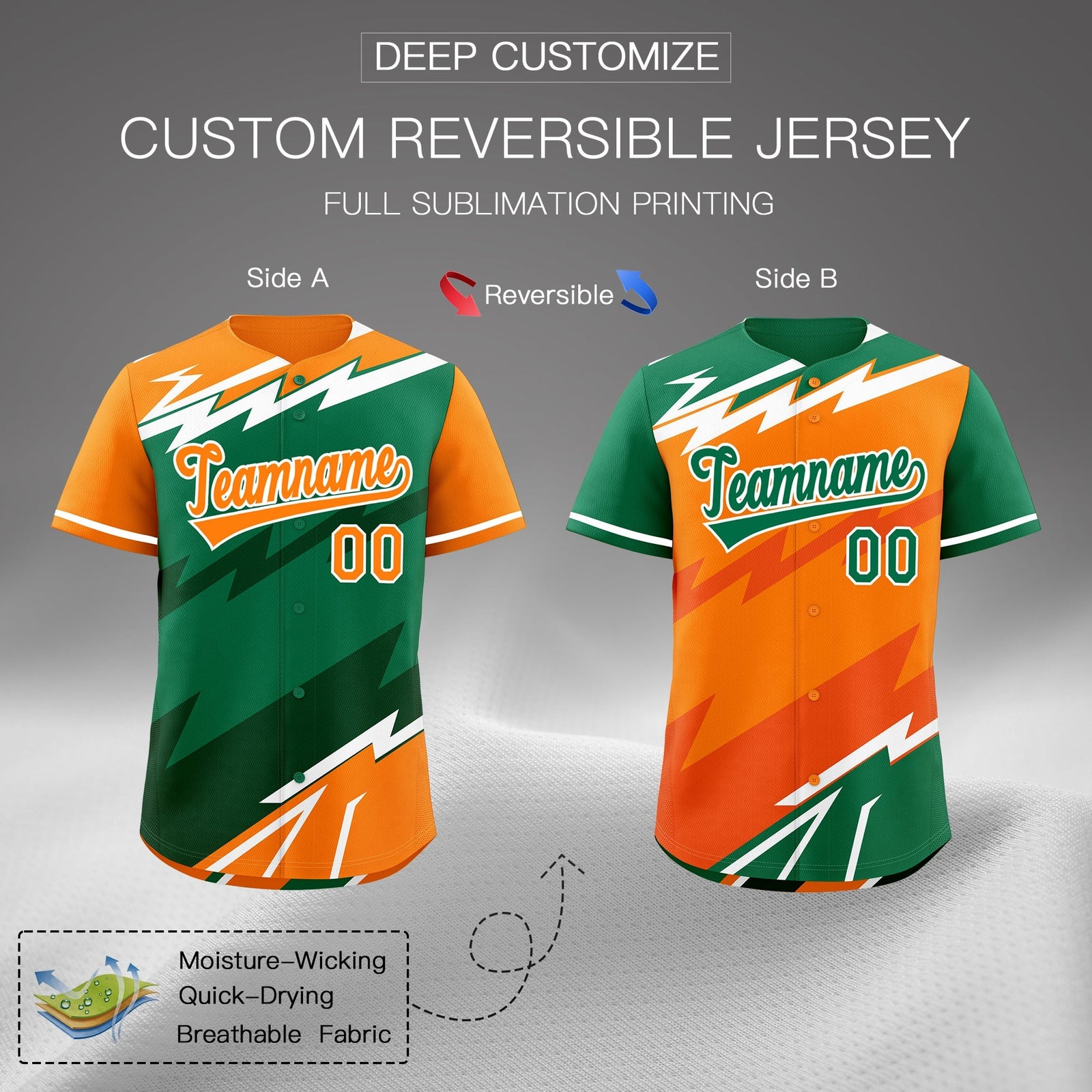 Custom Kelly Green Orange Dark Green short sleeves Reversible Lightning Pattern Graffiti Graffiti Pattern Breathable Baseball Jersey| KXKSHOP