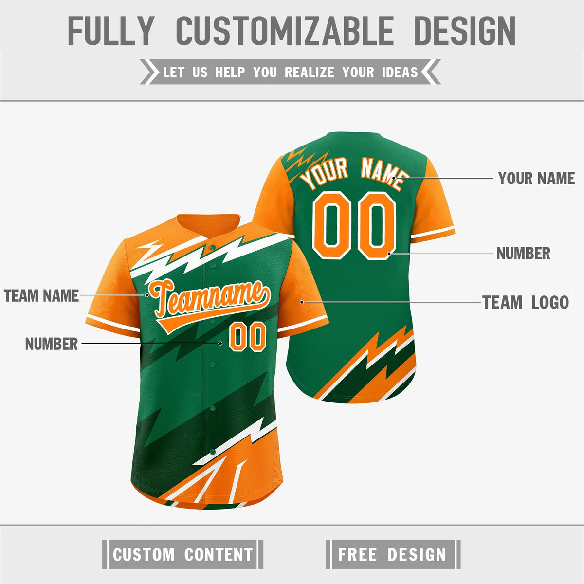 Custom Kelly Green Orange Dark Green short sleeves Reversible Lightning Pattern Graffiti Graffiti Pattern Breathable Baseball Jersey| KXKSHOP