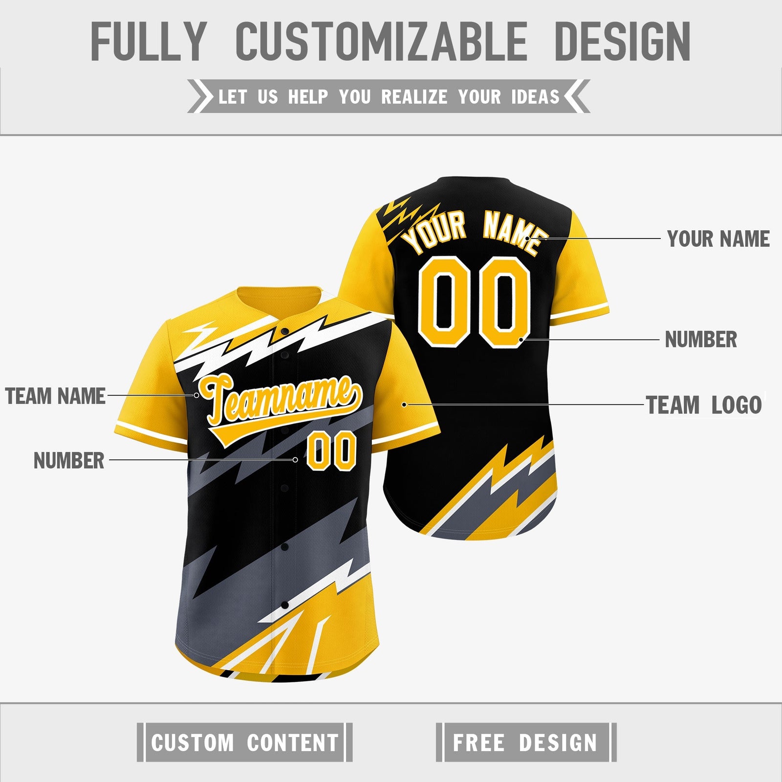 Custom Black Yellow Gray short sleeves Reversible Lightning Pattern Graffiti Graffiti Pattern Lightweight Baseball Jersey| KXKSHOP