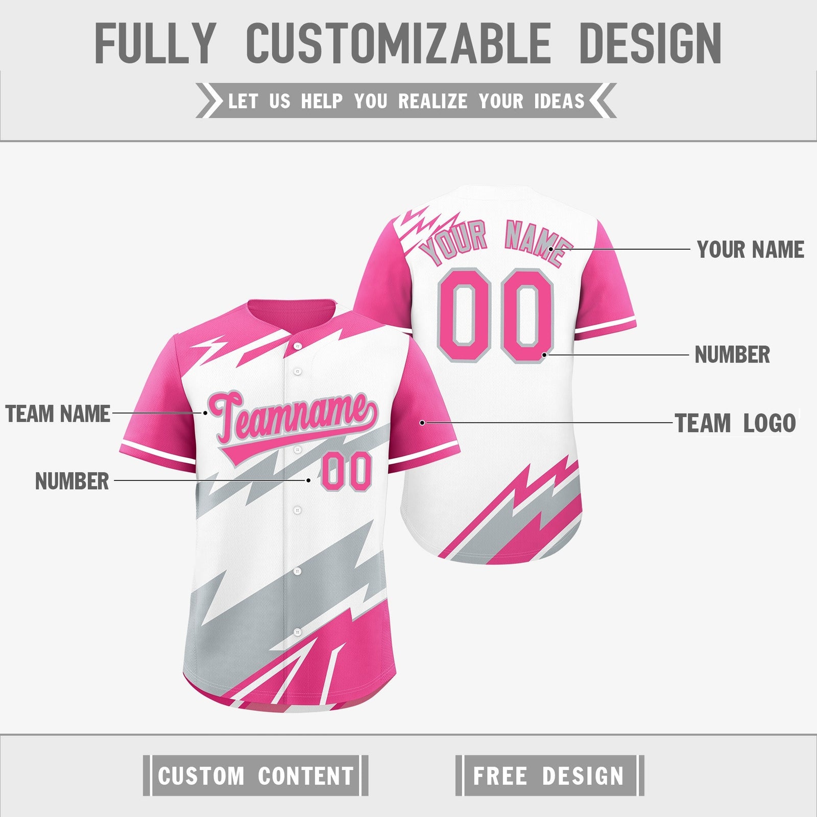 Custom White Pink Silver short sleeves Reversible Lightning Pattern Graffiti Graffiti Pattern Moisture-Wicking Baseball Jersey| KXKSHOP