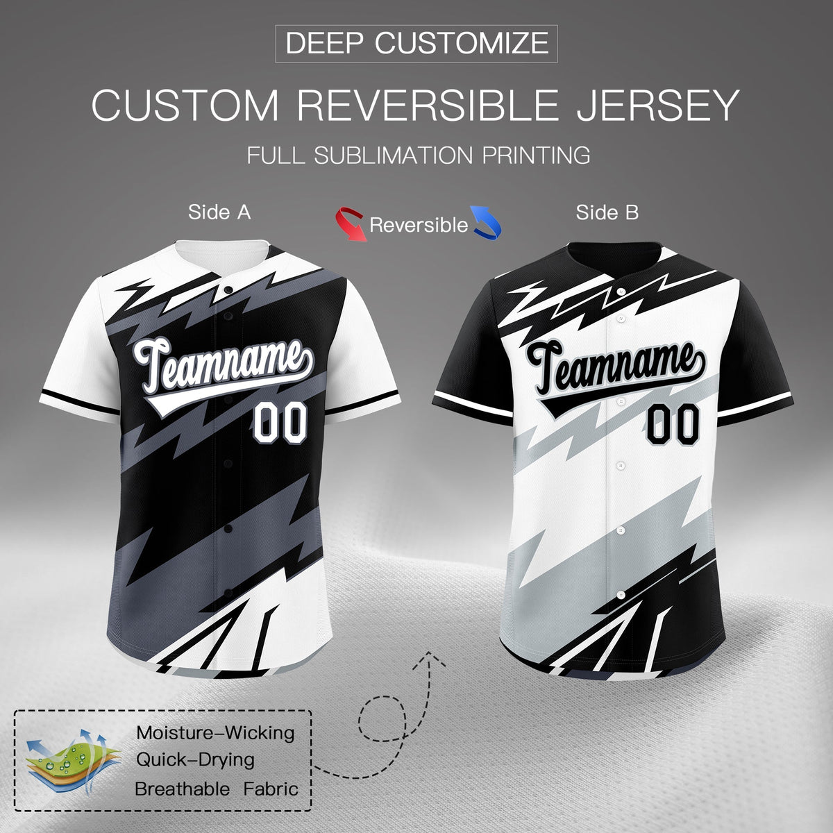 Custom Black White Gray short sleeves Reversible Lightning Pattern Graffiti Graffiti Pattern Lightweight Baseball Jersey| KXKSHOP