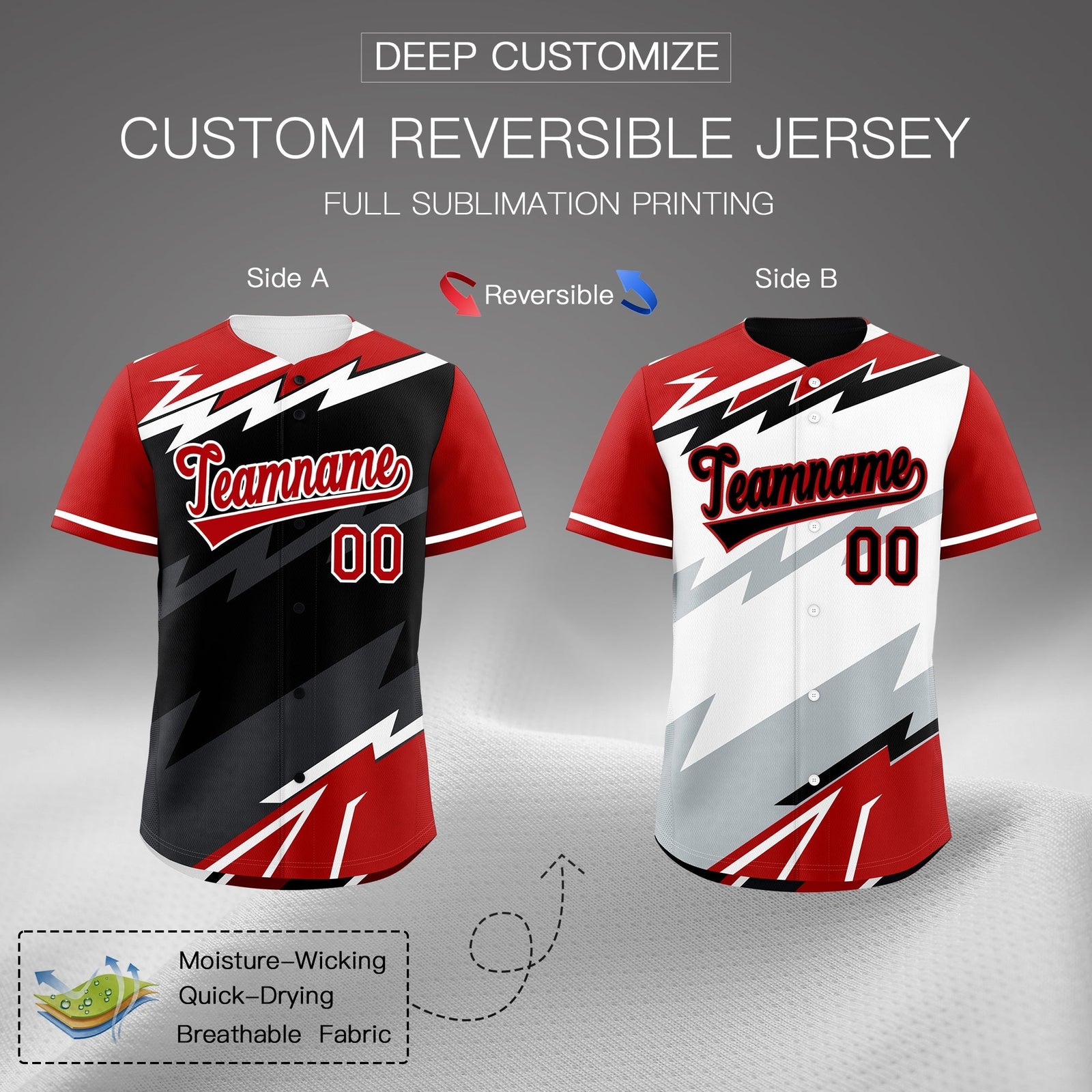 Custom Black White Red short sleeves Reversible Lightning Pattern Graffiti Graffiti Pattern Moisture-Wicking Baseball Jersey| KXKSHOP