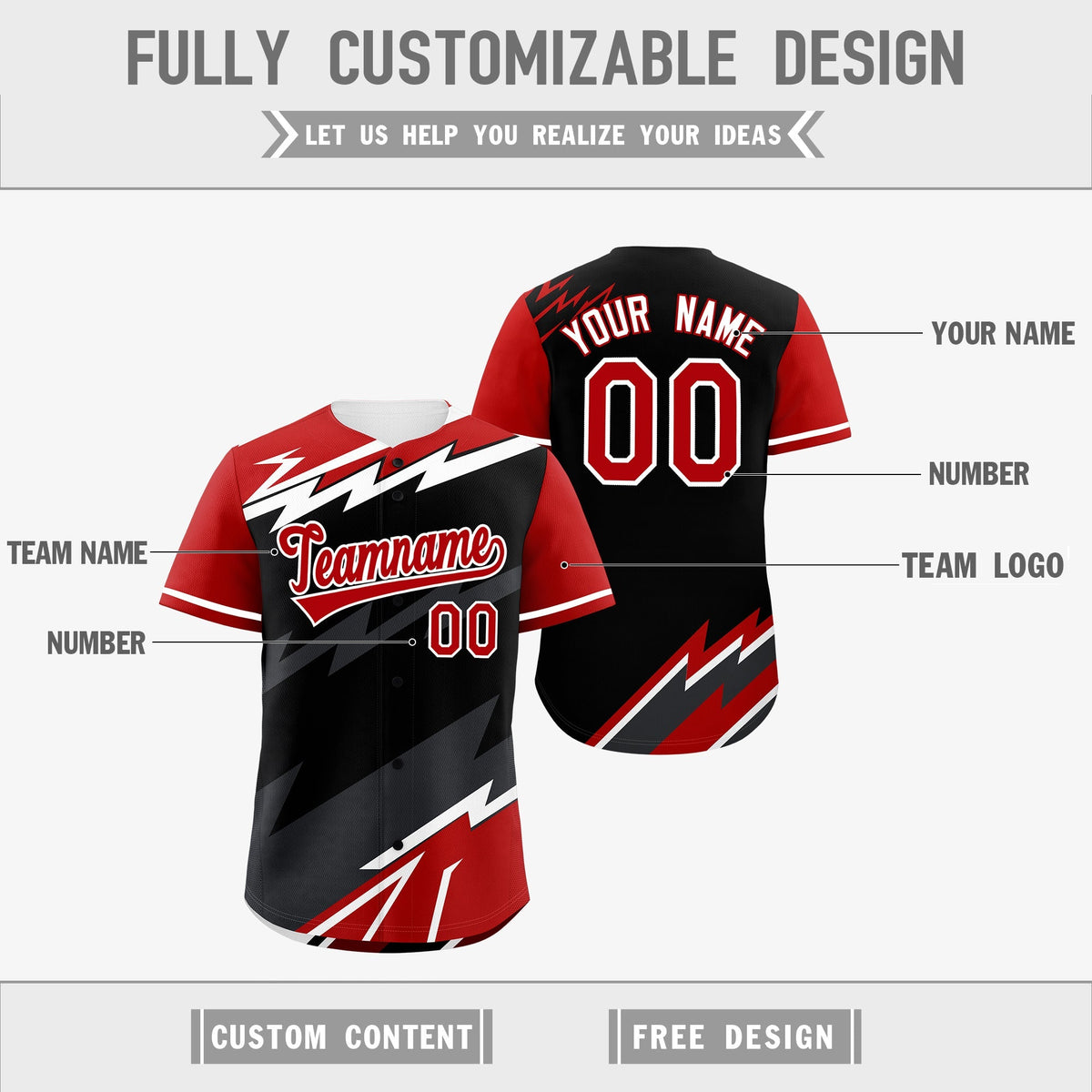 Custom Black White Red short sleeves Reversible Lightning Pattern Graffiti Graffiti Pattern Moisture-Wicking Baseball Jersey| KXKSHOP
