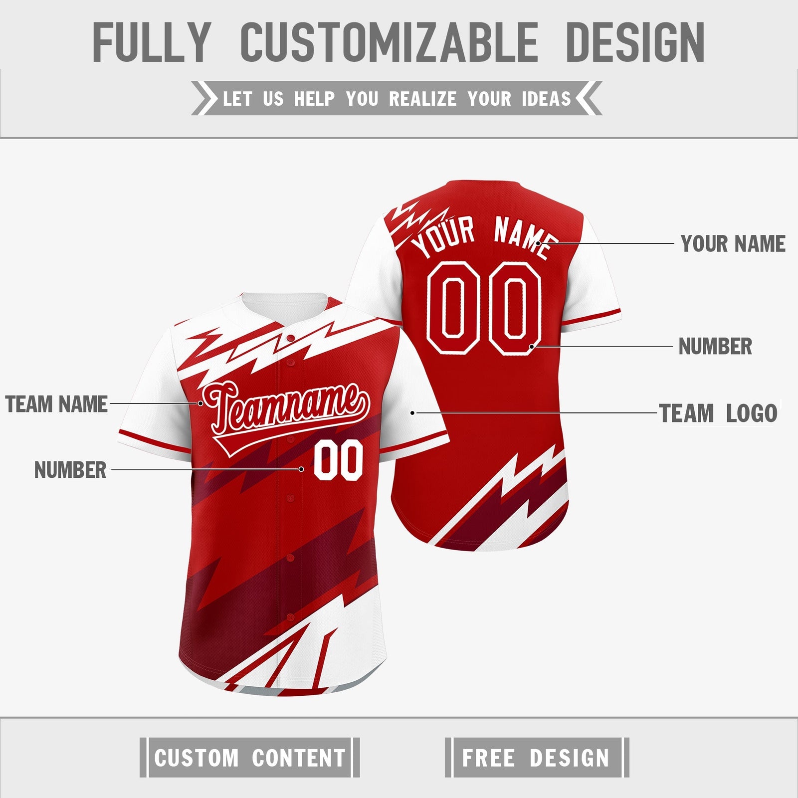 Custom Red White Crimson short sleeves Reversible Lightning Pattern Graffiti Graffiti Pattern Breathable Baseball Jersey| KXKSHOP