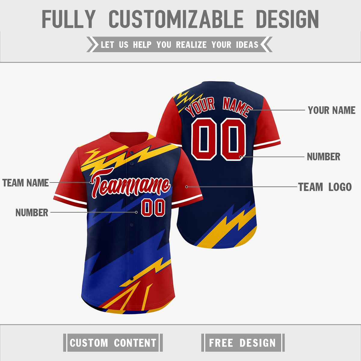 Custom Navy Red Yellow short sleeves Reversible Lightning Pattern Graffiti Graffiti Pattern Lightweight Baseball Jersey| KXKSHOP