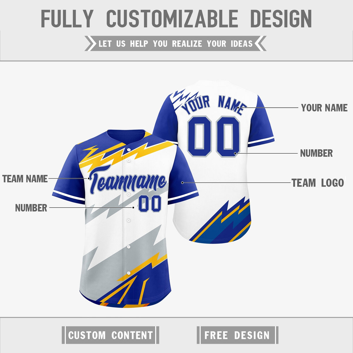 Custom White Royal Blue Silver short sleeves Reversible Lightning Pattern Graffiti Graffiti Pattern Breathable Baseball Jersey| KXKSHOP