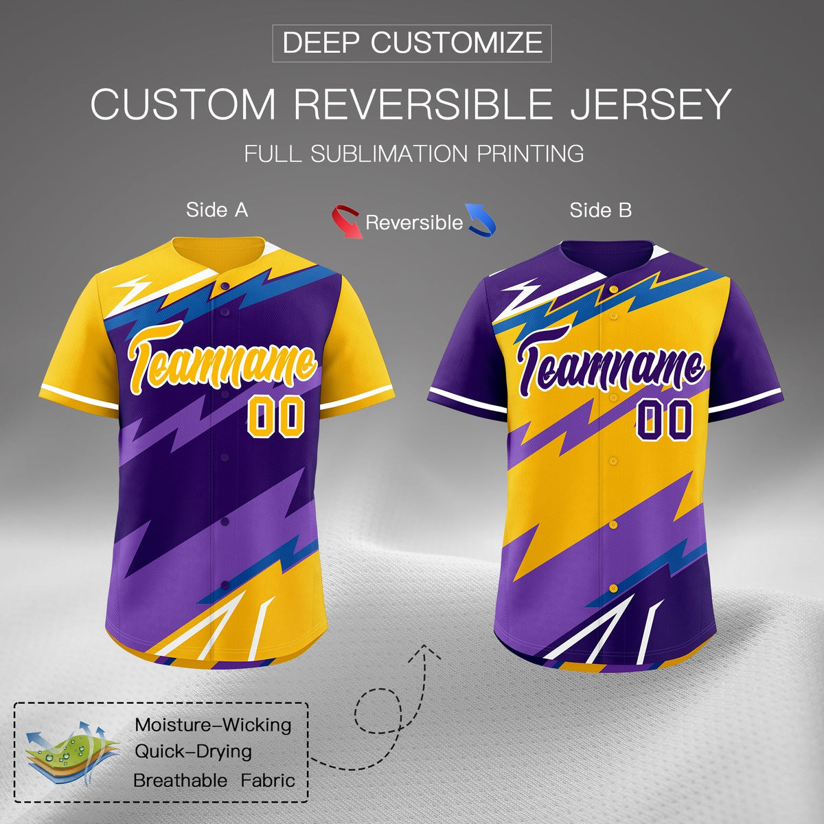 Custom Purple Royal Yellow short sleeves Reversible Lightning Pattern Graffiti Graffiti Pattern Lightweight Baseball Jersey| KXKSHOP