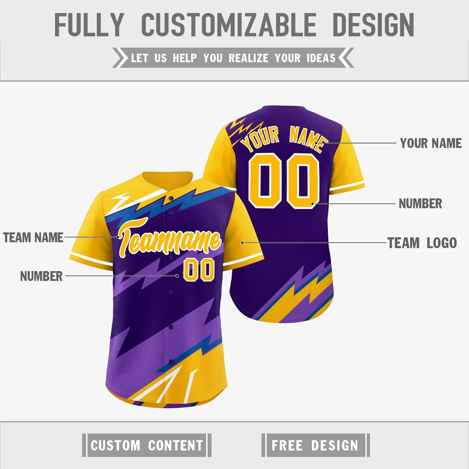 Custom Purple Royal Yellow short sleeves Reversible Lightning Pattern Graffiti Graffiti Pattern Lightweight Baseball Jersey| KXKSHOP