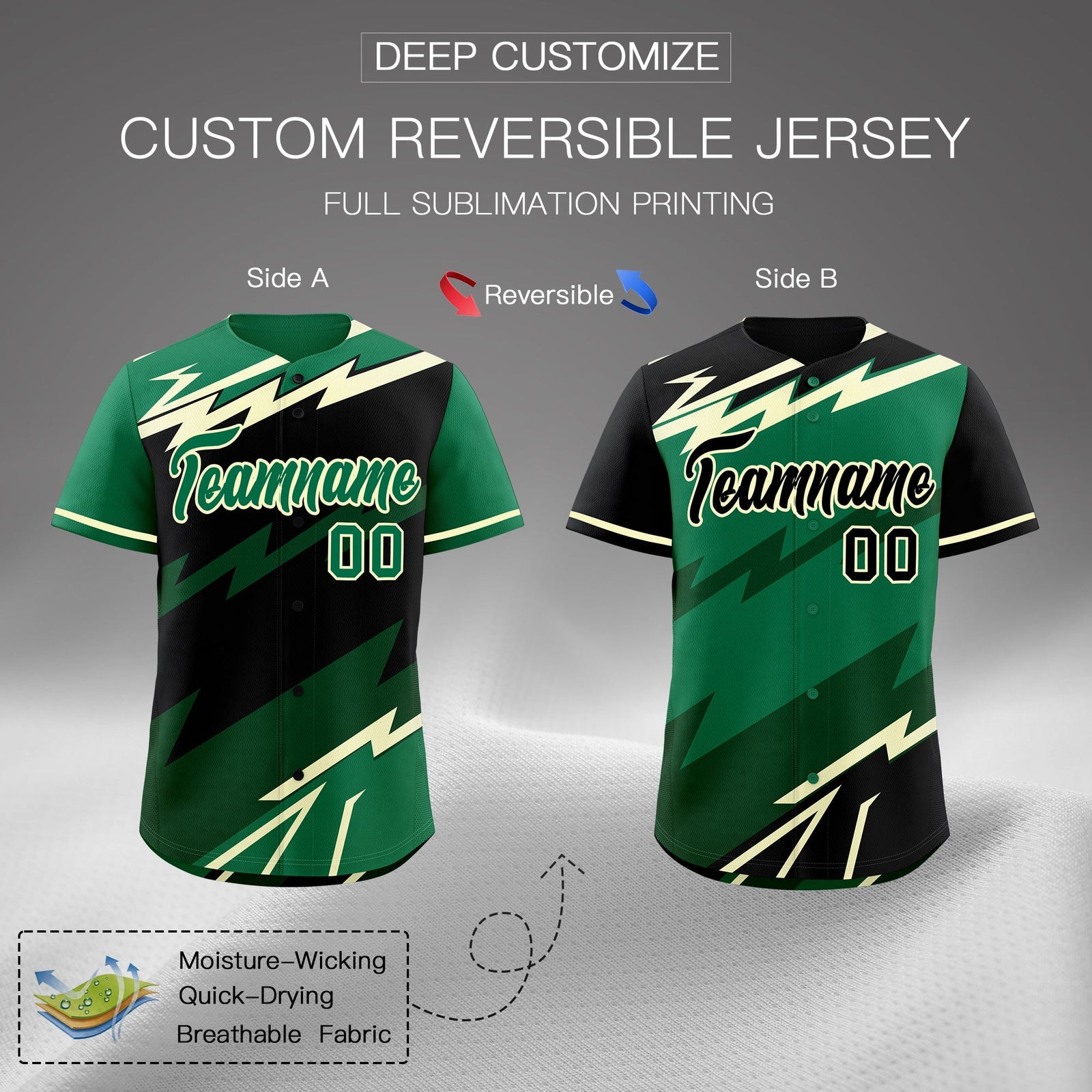 Custom Black Kelly Green Cream short sleeves Reversible Lightning Pattern Graffiti Graffiti Pattern Breathable Baseball Jersey| KXKSHOP