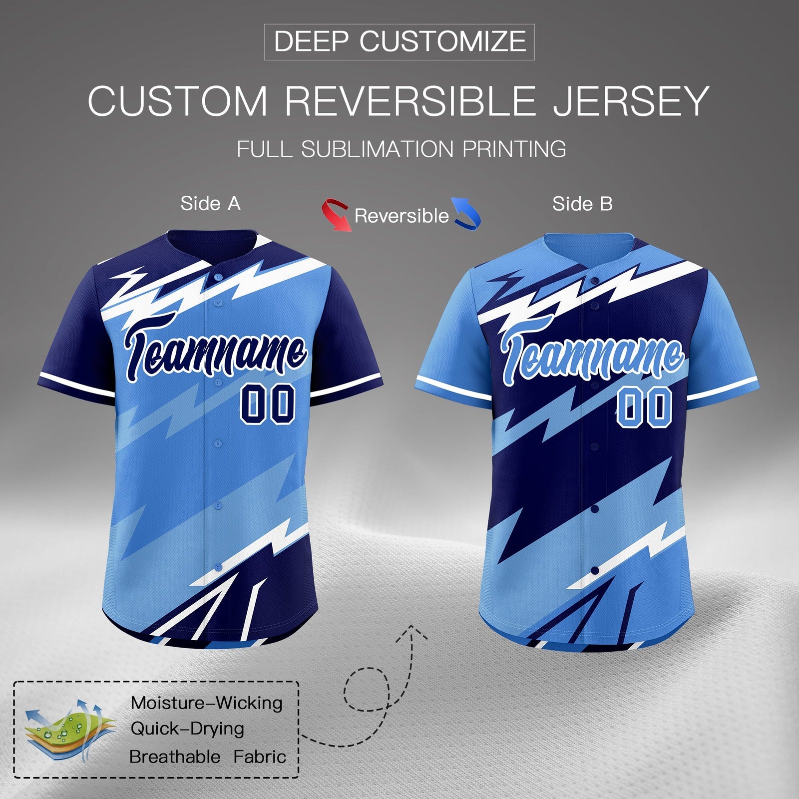 Custom Light Blue Powder Blue White short sleeves Reversible Lightning Pattern Graffiti Graffiti Pattern Lightweight Baseball Jersey| KXKSHOP