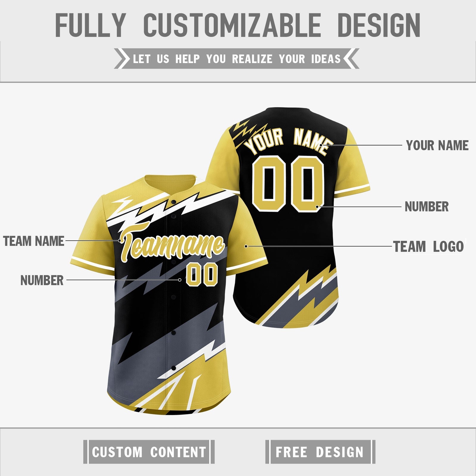 Custom Black Old Gold Gray short sleeves Reversible Lightning Pattern Graffiti Graffiti Pattern Moisture-Wicking Baseball Jersey| KXKSHOP
