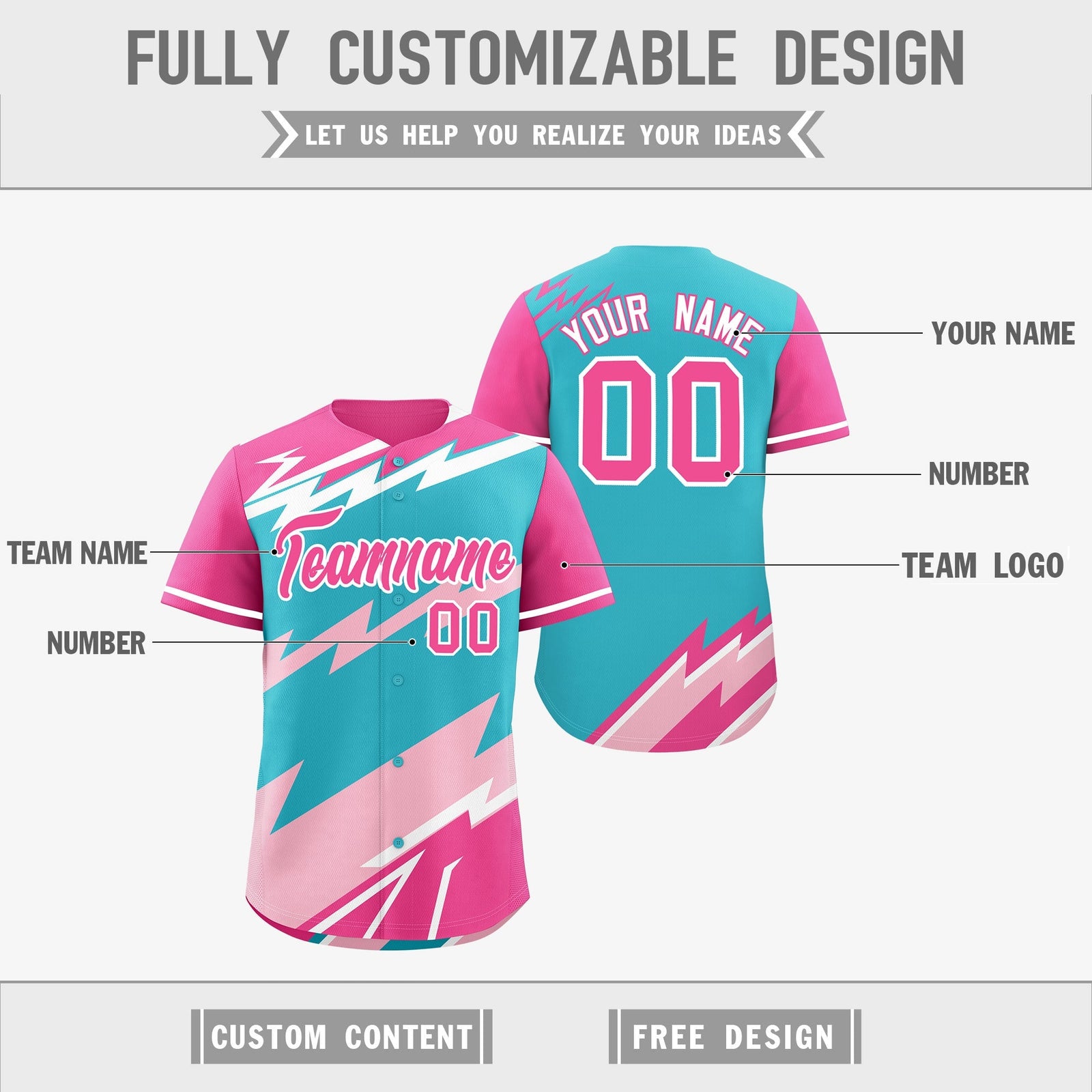 Custom Sky Blue Light Pink Pink short sleeves Reversible Lightning Pattern Graffiti Graffiti Pattern Breathable Baseball Jersey| KXKSHOP