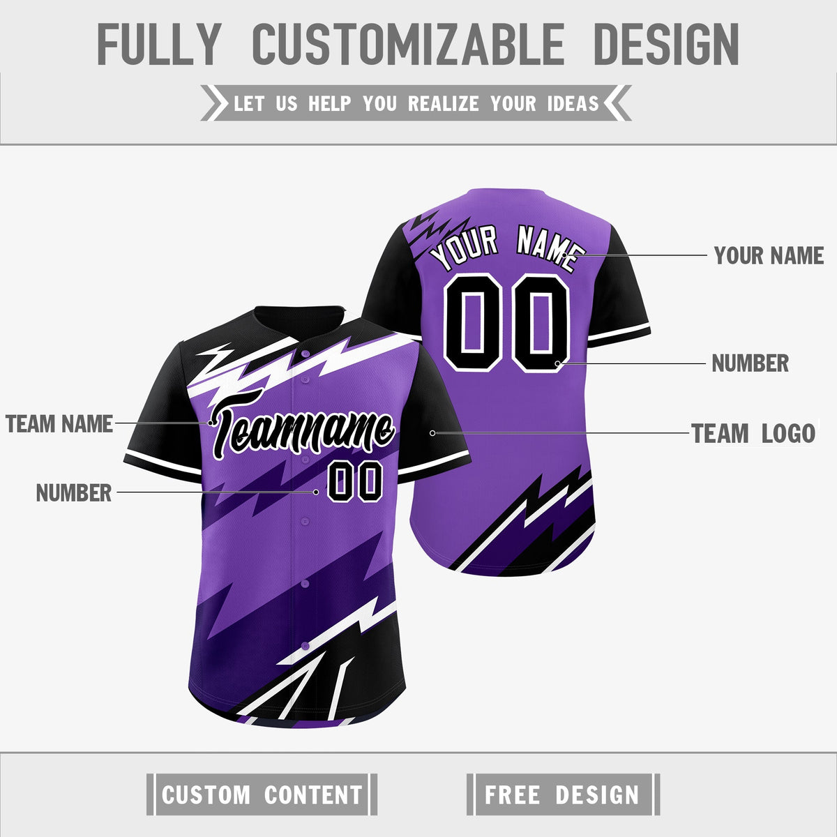Custom Purple Black White short sleeves Reversible Lightning Pattern Graffiti Graffiti Pattern Lightweight Baseball Jersey| KXKSHOP