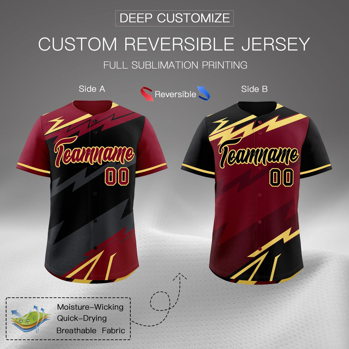 Custom Black Gray Crimson short sleeves Reversible Lightning Pattern Graffiti Graffiti Pattern Breathable Baseball Jersey| KXKSHOP
