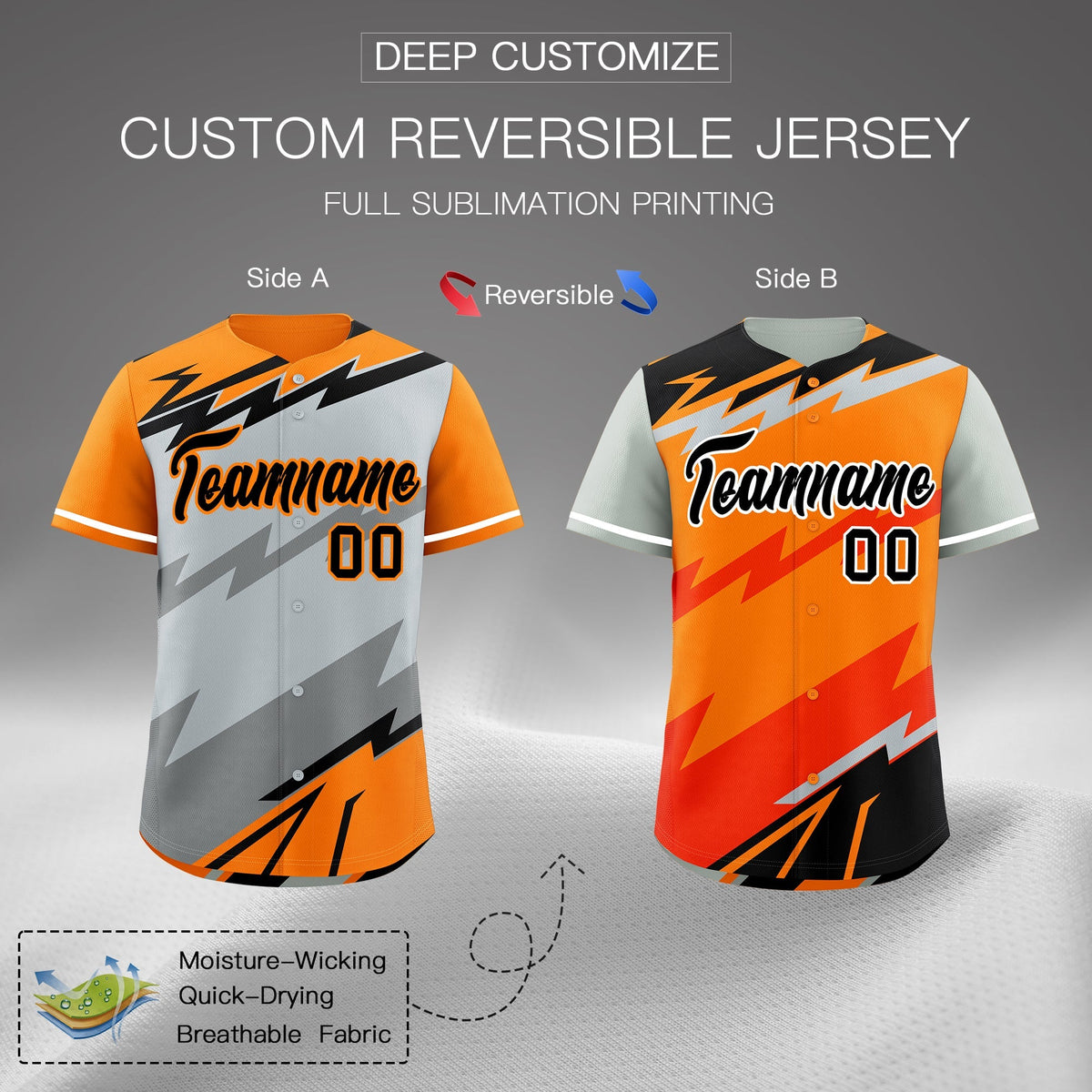 Custom Silver Orange Gray short sleeves Reversible Lightning Pattern Graffiti Graffiti Pattern Lightweight Baseball Jersey| KXKSHOP