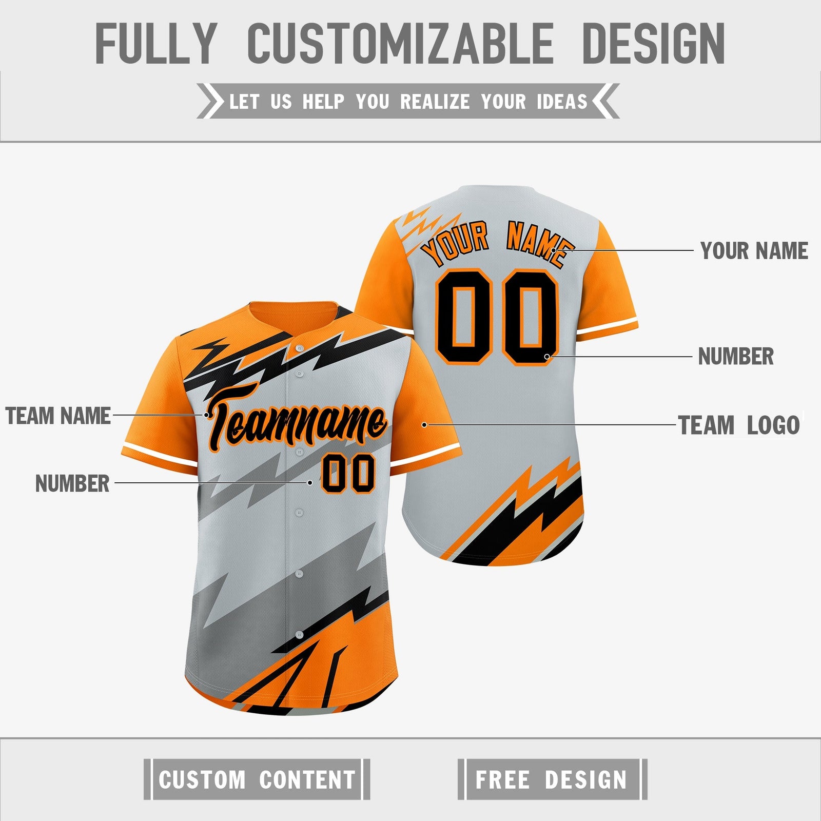 Custom Silver Orange Gray short sleeves Reversible Lightning Pattern Graffiti Graffiti Pattern Lightweight Baseball Jersey| KXKSHOP