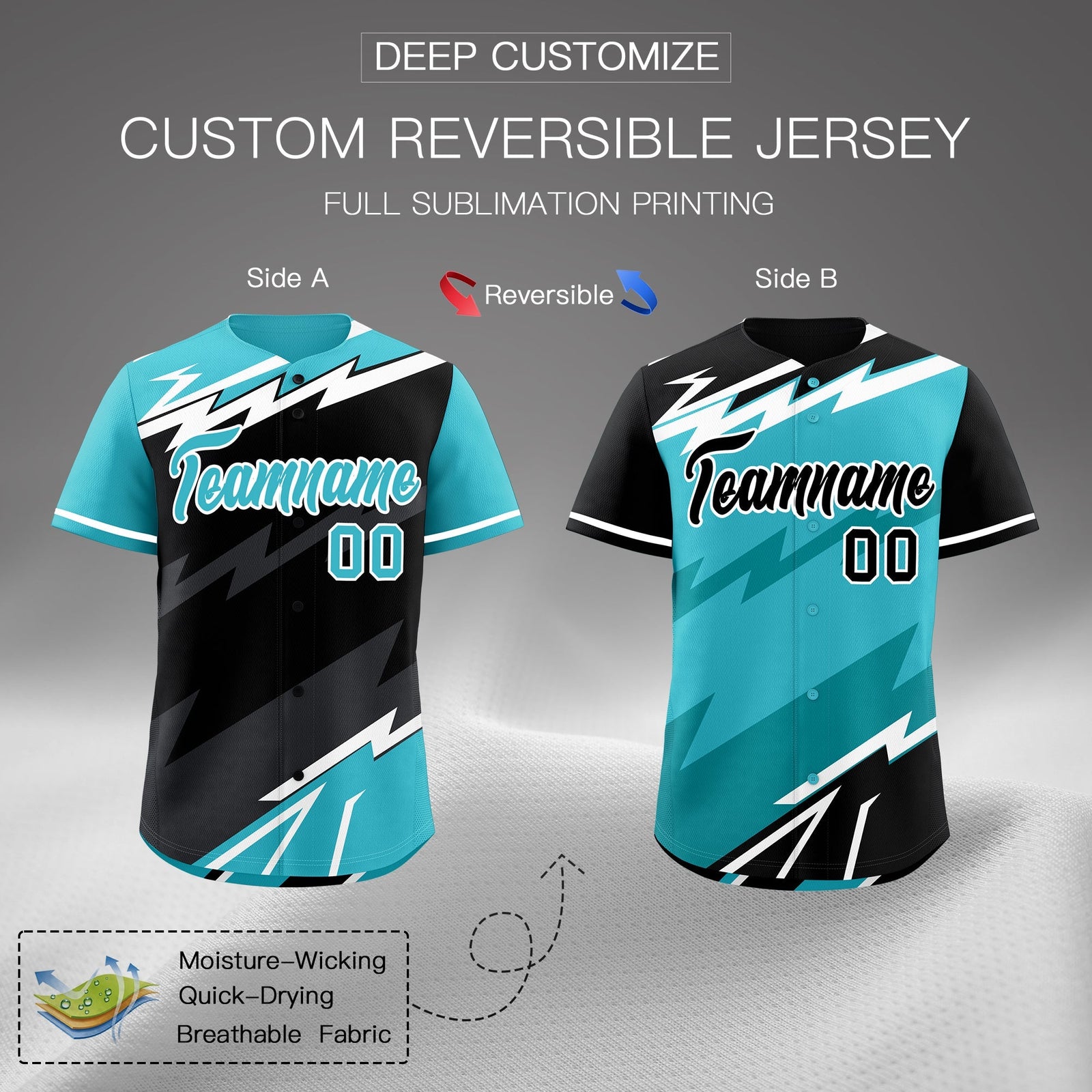 Custom Black Sky Blue Gray short sleeves Reversible Lightning Pattern Graffiti Graffiti Pattern Moisture-Wicking Baseball Jersey| KXKSHOP