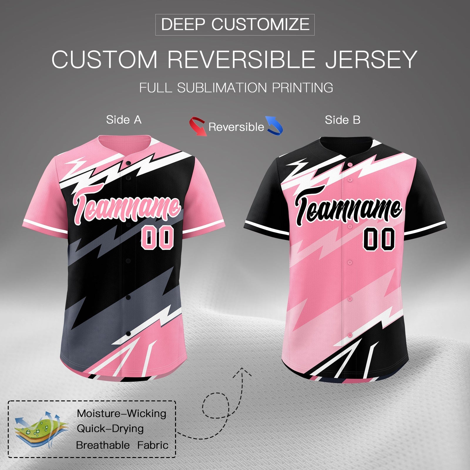 Custom Black Light Pink Gray short sleeves Reversible Lightning Pattern Graffiti Graffiti Pattern Breathable Baseball Jersey| KXKSHOP