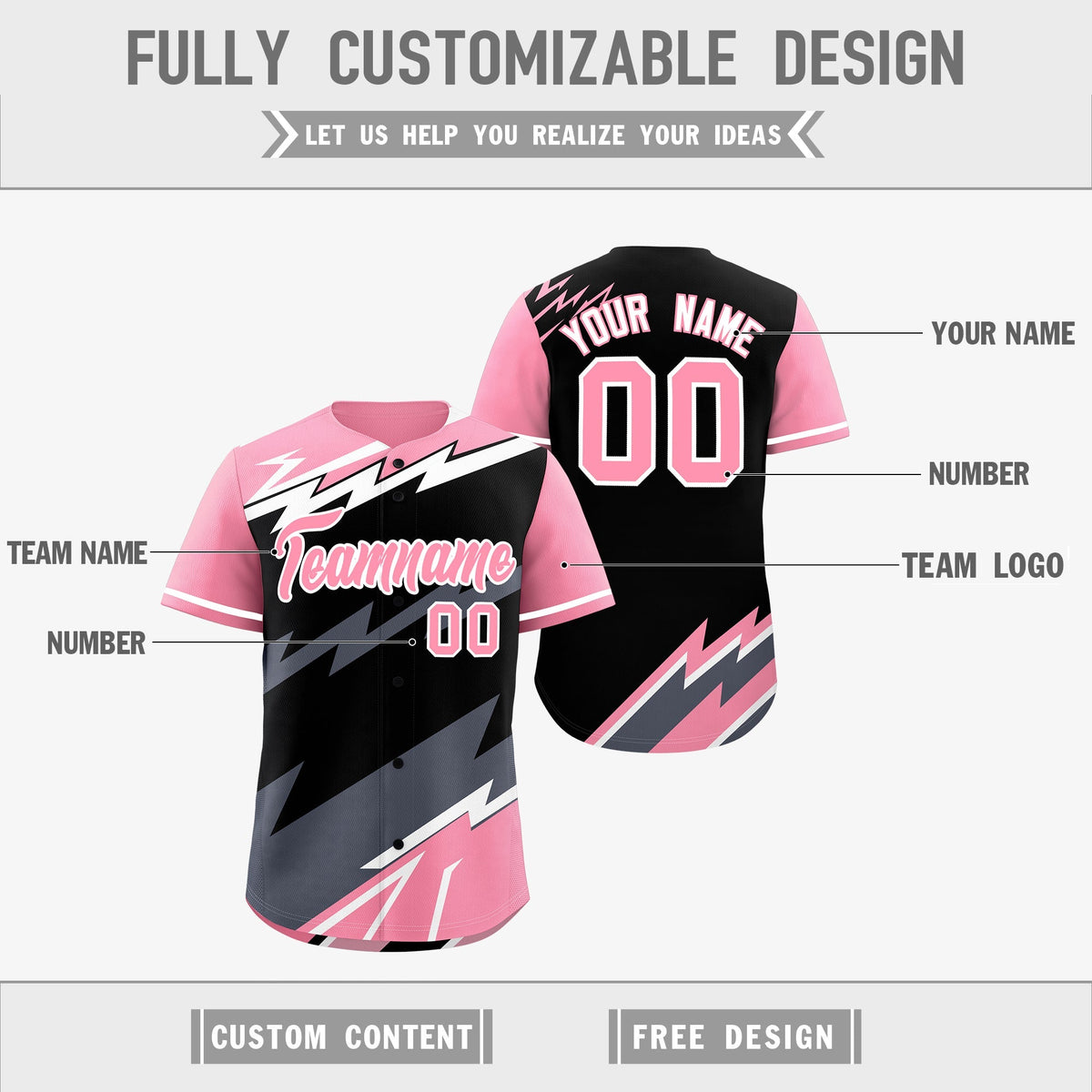 Custom Black Light Pink Gray short sleeves Reversible Lightning Pattern Graffiti Graffiti Pattern Breathable Baseball Jersey| KXKSHOP