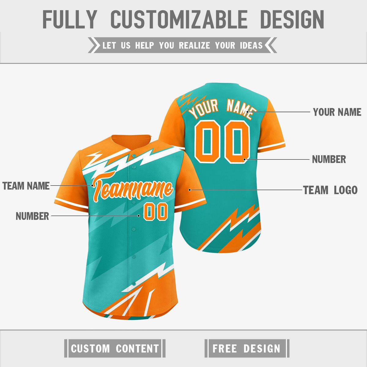 Custom Aqua Orange Teal short sleeves Reversible Lightning Pattern Graffiti Graffiti Pattern Lightweight Baseball Jersey| KXKSHOP