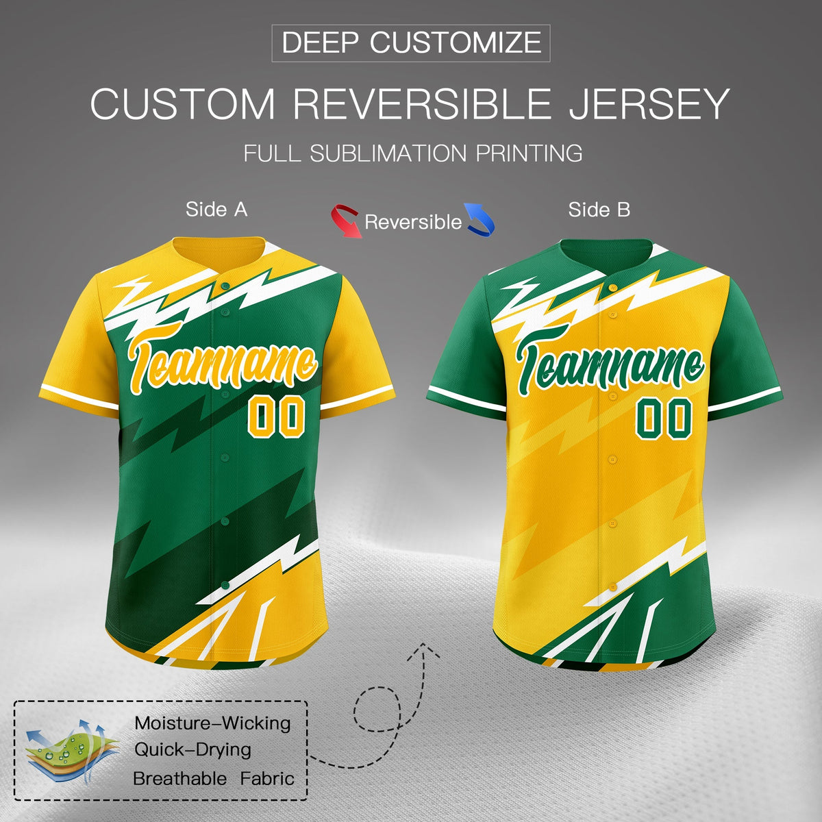 Custom Kelly Green Dark Green Yellow short sleeves Reversible Lightning Pattern Graffiti Graffiti Pattern Moisture-Wicking Baseball Jersey| KXKSHOP