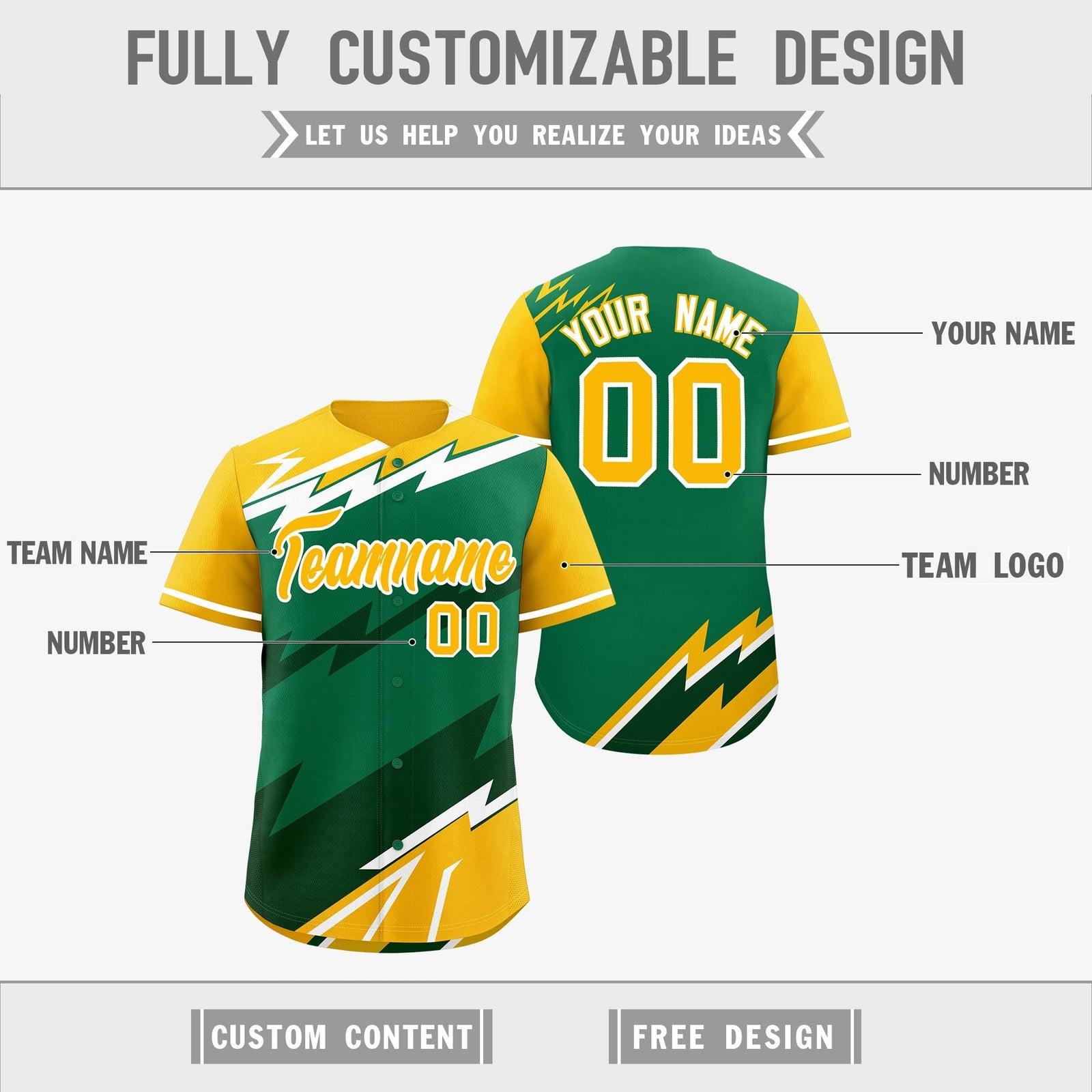 Custom Kelly Green Dark Green Yellow short sleeves Reversible Lightning Pattern Graffiti Graffiti Pattern Moisture-Wicking Baseball Jersey| KXKSHOP