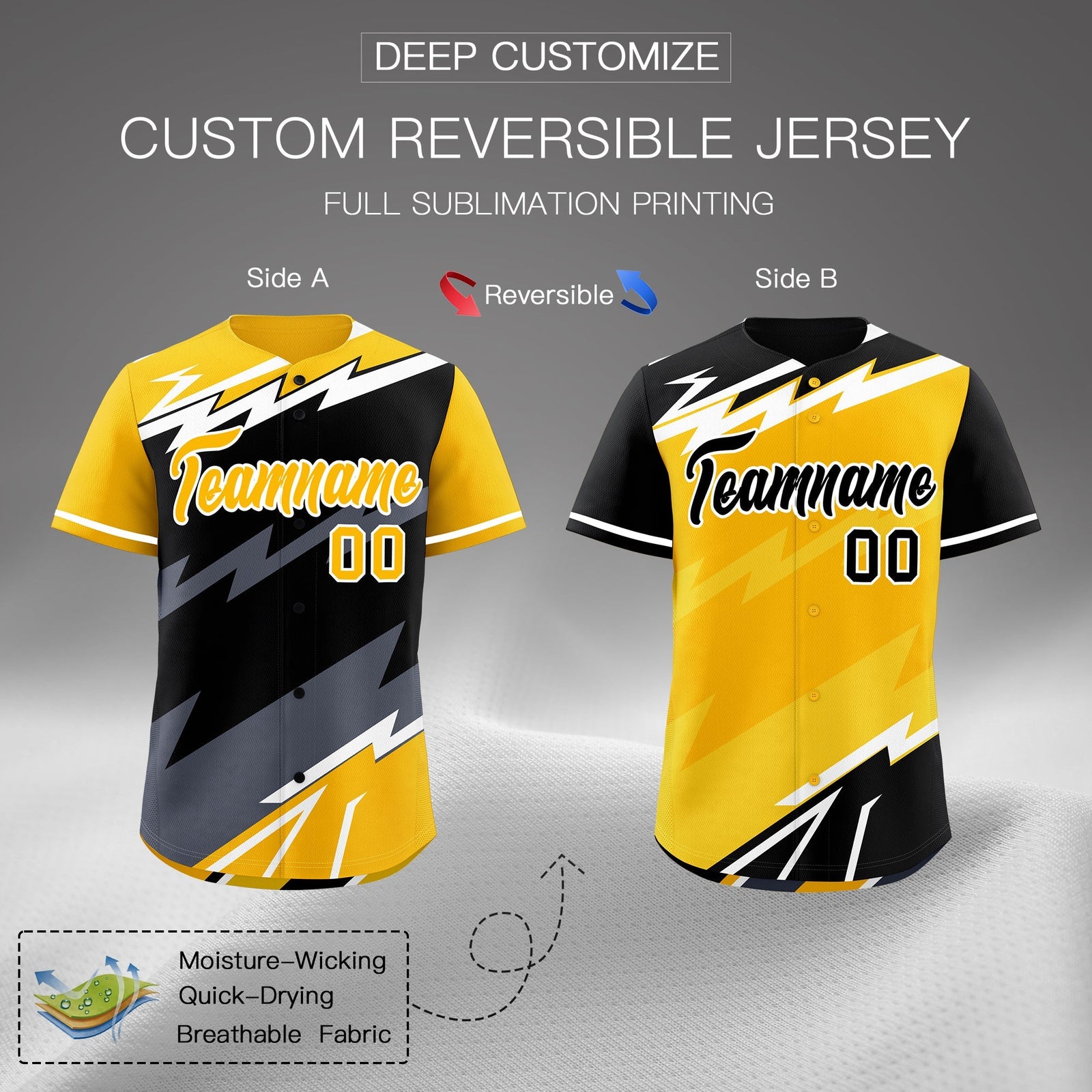 Custom Black Yellow Gray short sleeves Reversible Lightning Pattern Graffiti Graffiti Pattern Lightweight Baseball Jersey| KXKSHOP