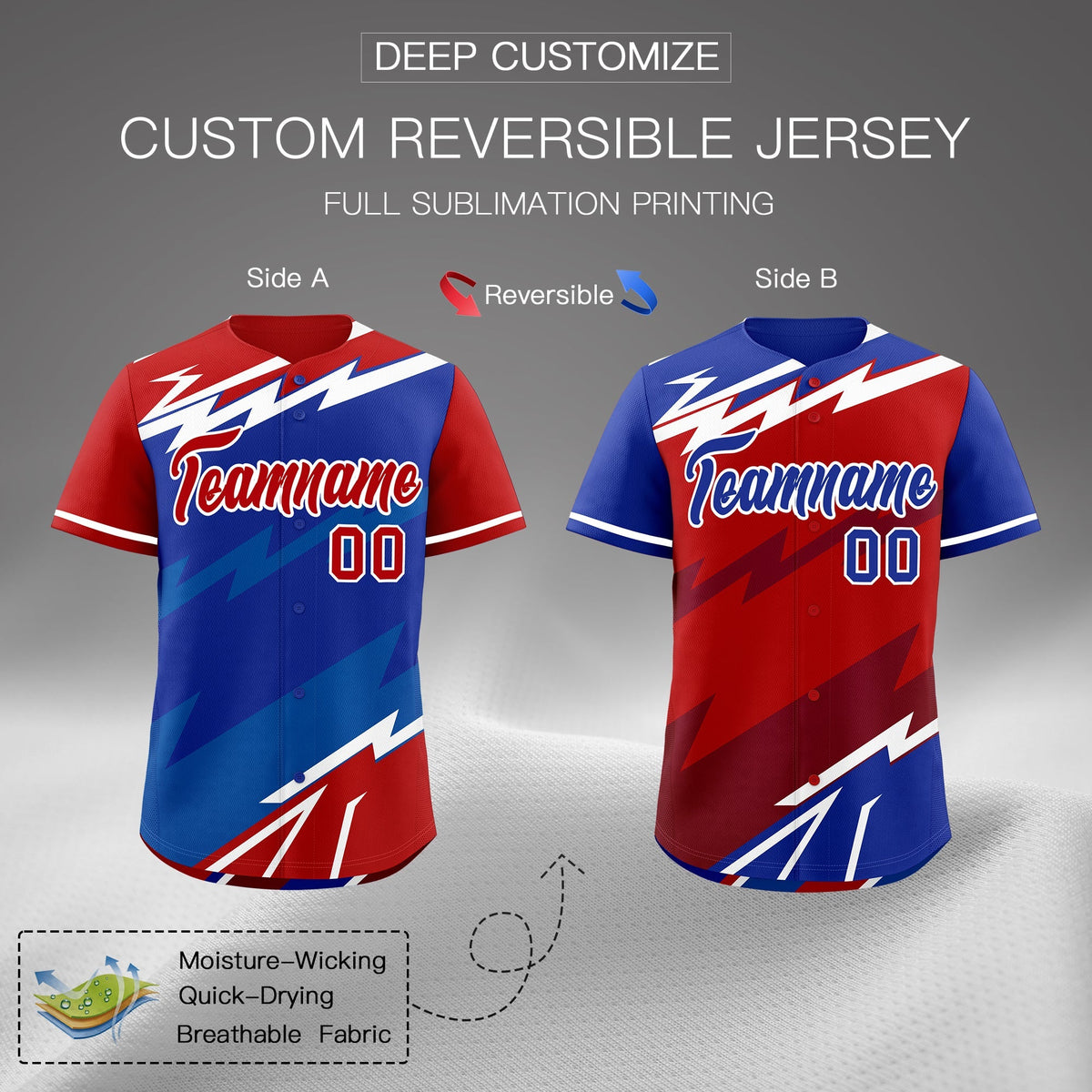 Custom Royal Blue Red Royal short sleeves Reversible Lightning Pattern Graffiti Graffiti Pattern Breathable Baseball Jersey| KXKSHOP