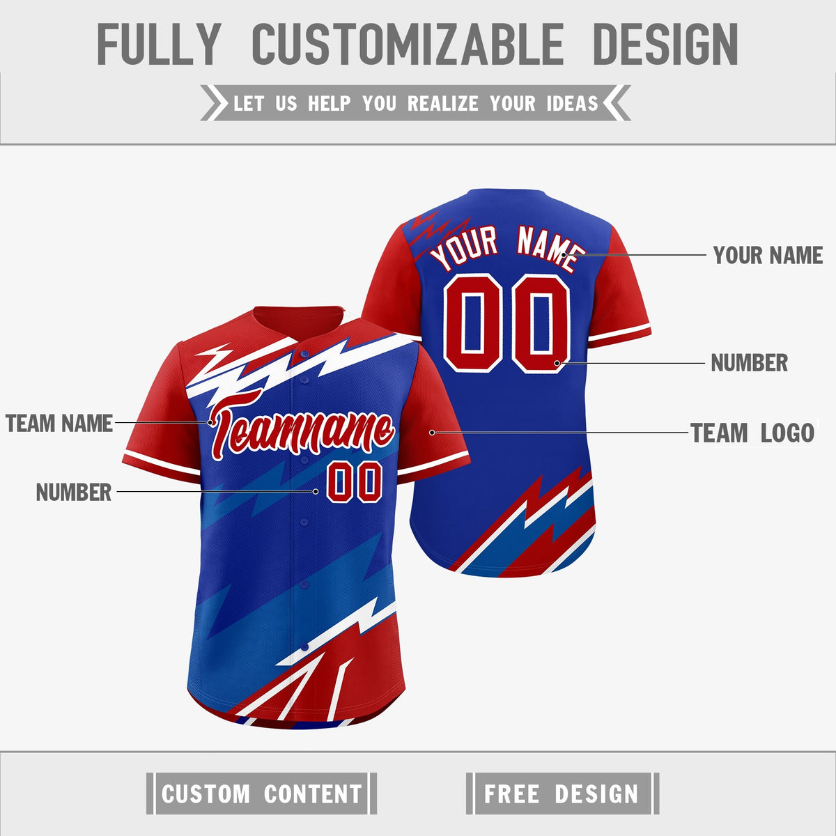 Custom Royal Blue Red Royal short sleeves Reversible Lightning Pattern Graffiti Graffiti Pattern Breathable Baseball Jersey| KXKSHOP