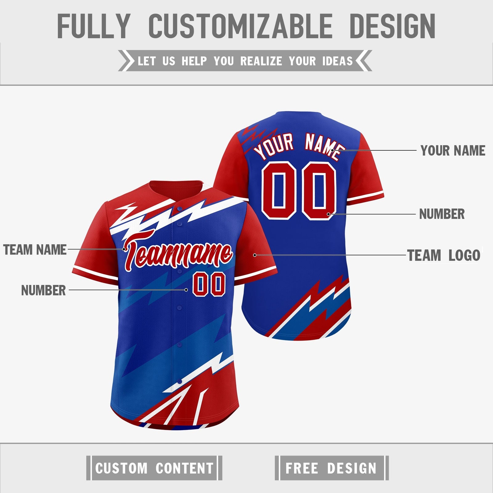 Custom Royal Blue Red Royal short sleeves Reversible Lightning Pattern Graffiti Graffiti Pattern Breathable Baseball Jersey| KXKSHOP
