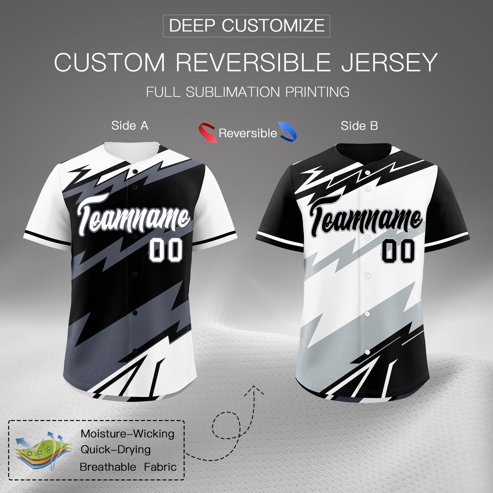 Custom Black White Gray short sleeves Reversible Lightning Pattern Graffiti Graffiti Pattern Lightweight Baseball Jersey| KXKSHOP