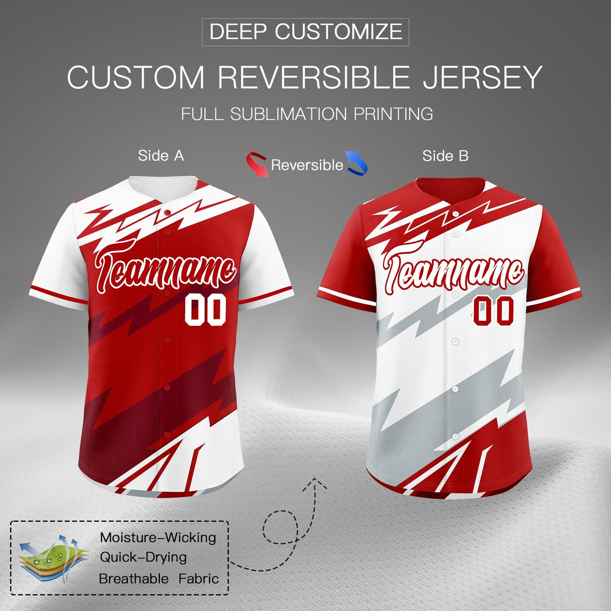 Custom Red White Crimson short sleeves Reversible Lightning Pattern Graffiti Graffiti Pattern Breathable Baseball Jersey| KXKSHOP
