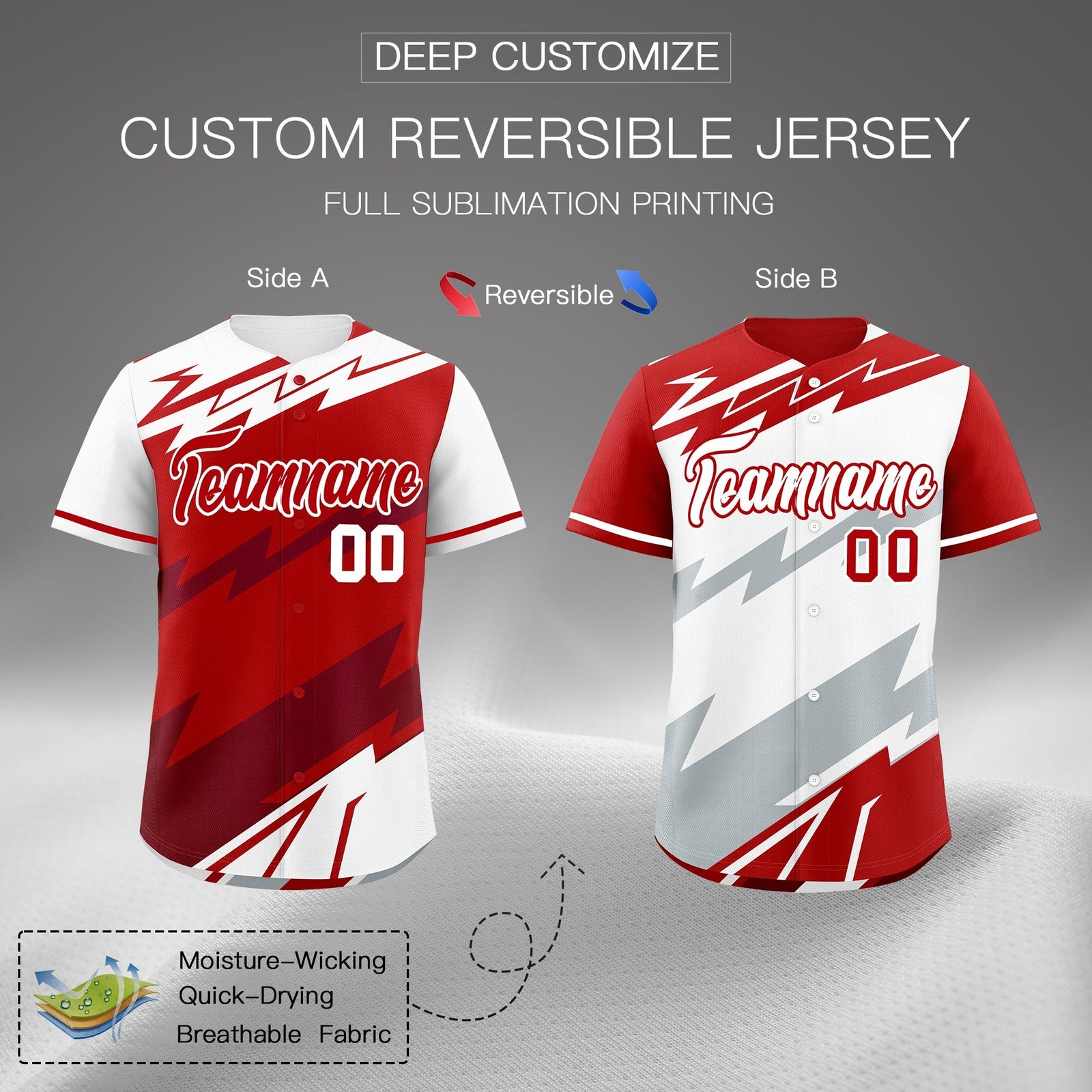 Custom Red White Crimson short sleeves Reversible Lightning Pattern Graffiti Graffiti Pattern Breathable Baseball Jersey| KXKSHOP
