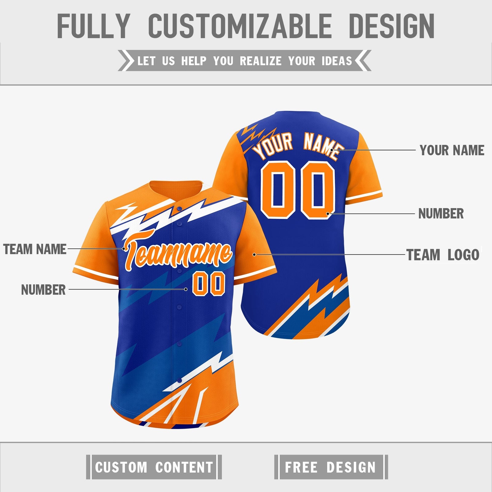 Custom Royal Blue Orange Royal short sleeves Reversible Lightning Pattern Graffiti Graffiti Pattern Lightweight Baseball Jersey| KXKSHOP