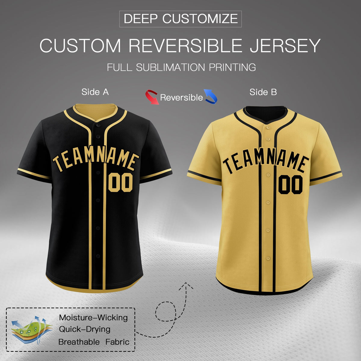 Custom Old Gold Black Reversible Classic Style Moisture-Wicking Baseball Jersey| KXKSHOP