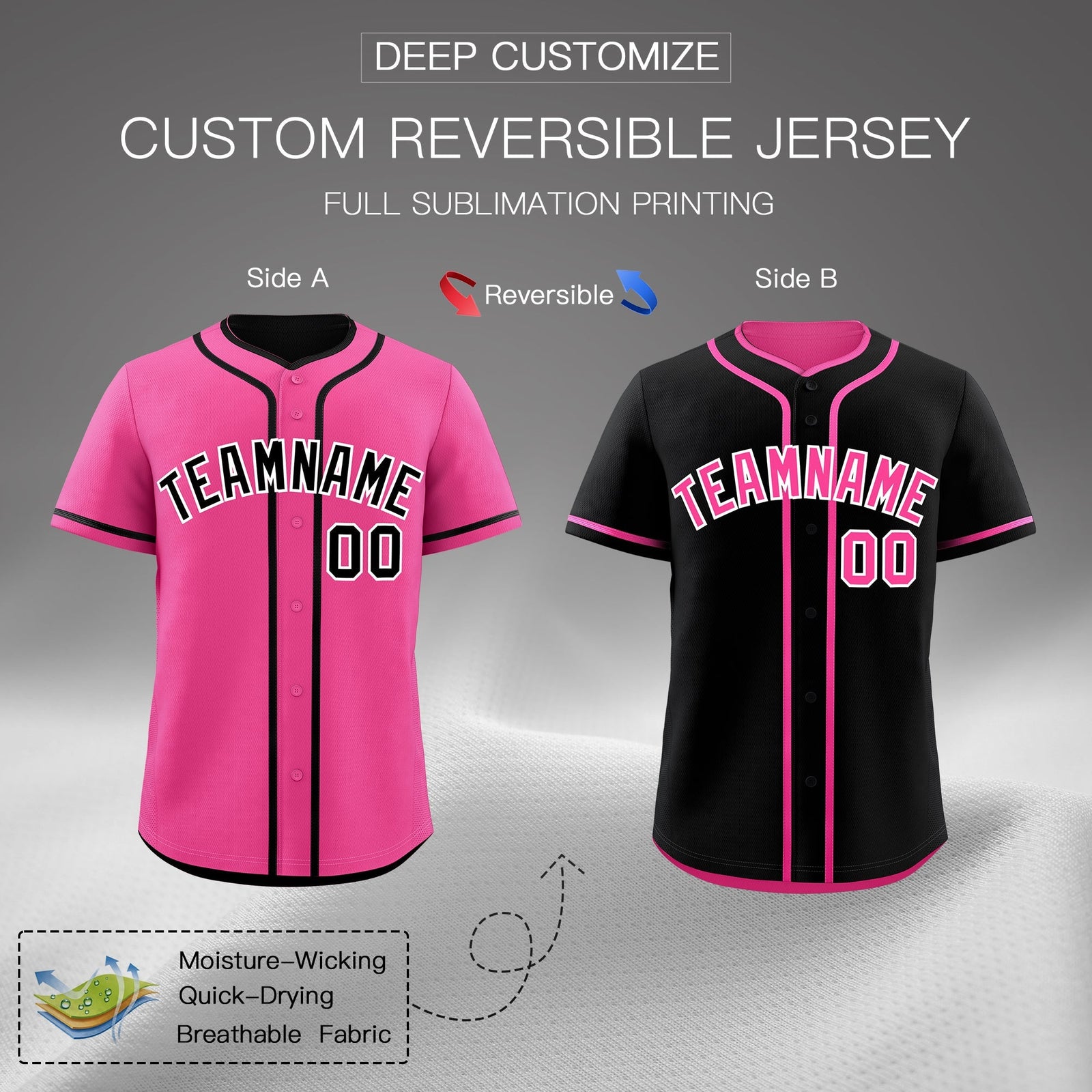 Custom Black Pink Reversible Classic Style Lightweight Baseball Jersey| KXKSHOP