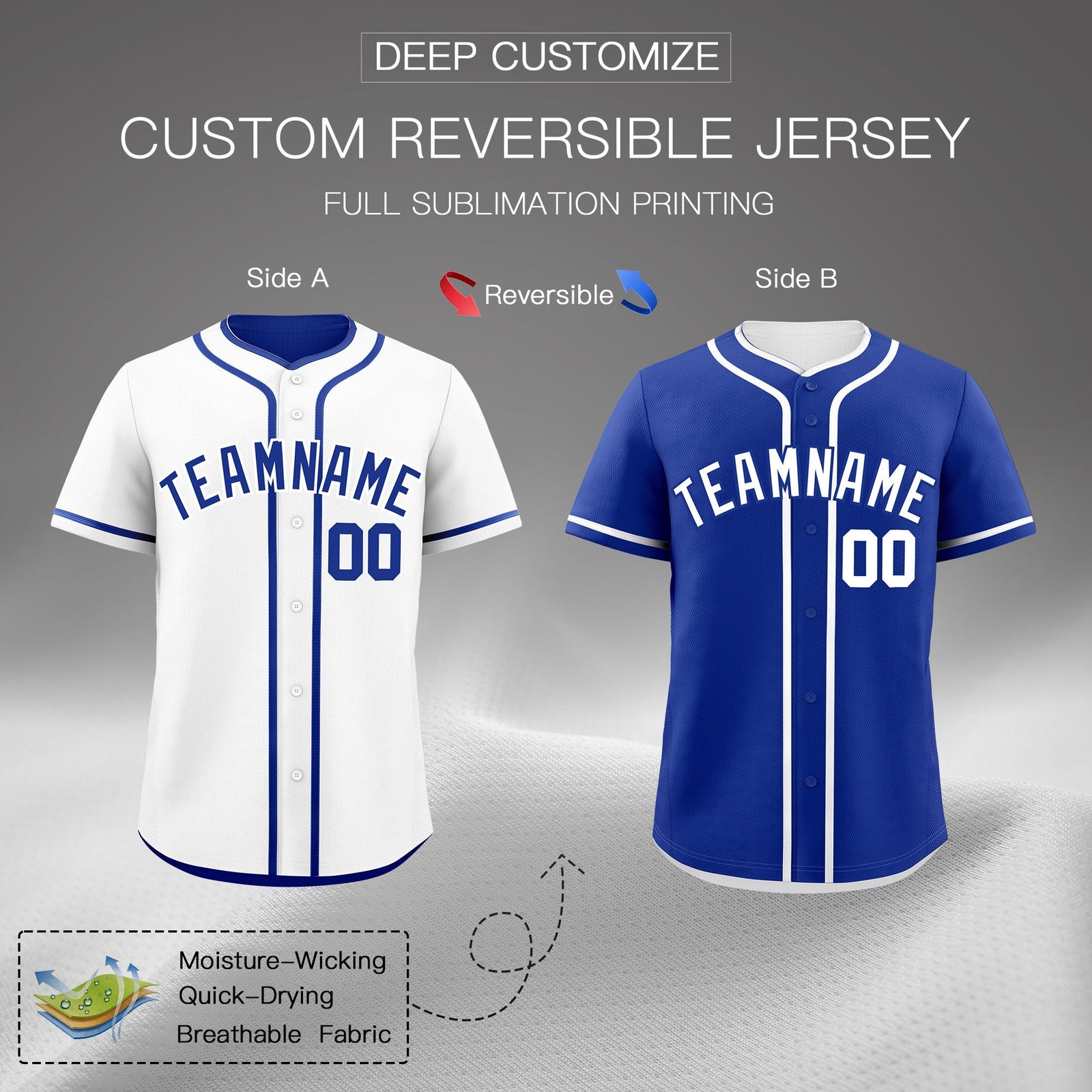 Custom Royal Blue Reversible Classic Style Moisture-Wicking Baseball Jersey| KXKSHOP